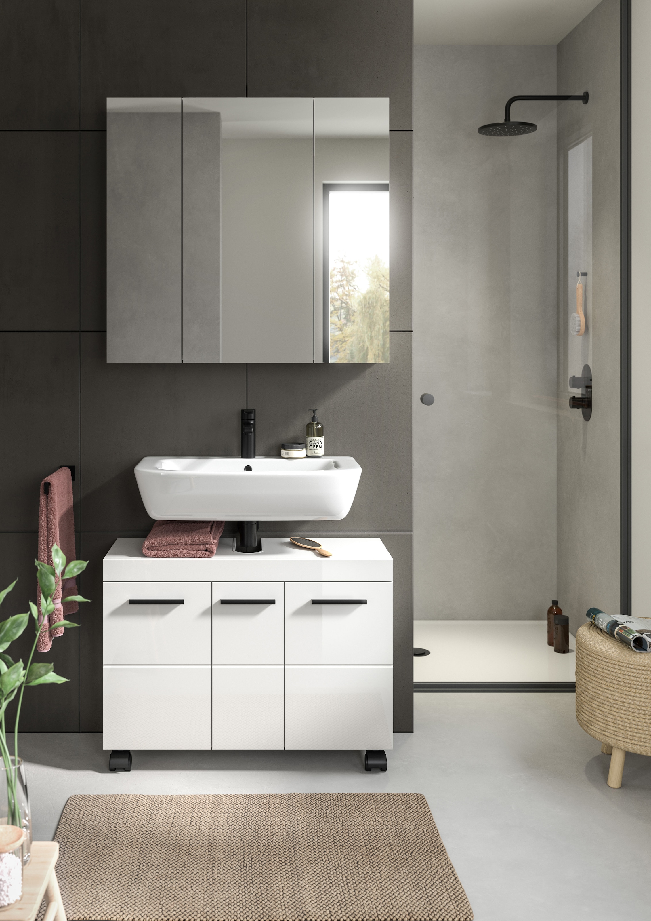 welltime Ensemble de meubles de salle de bain »AVON, Breite 82 cm, 2-teilige moderne Badkombination, auf Rollen« bestehend aus: Waschbeckenunterschrank & Spiegelschrank, 2 cuis tlg.