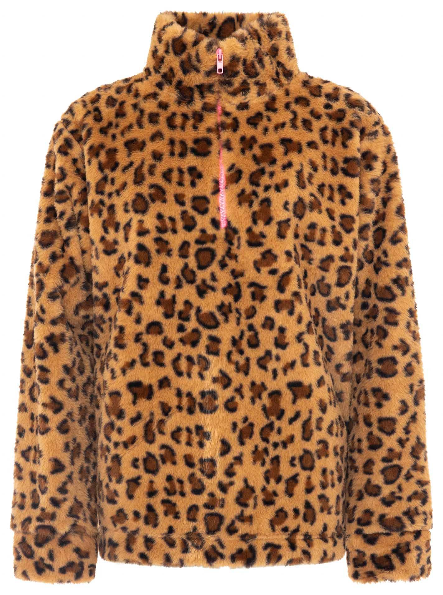 Zwillingsherz Troyer »Fake Fur Troyer Cozy Leo« avec col montant, fermeture éclair, matériau pelucheux, imprimé léopard intégral
