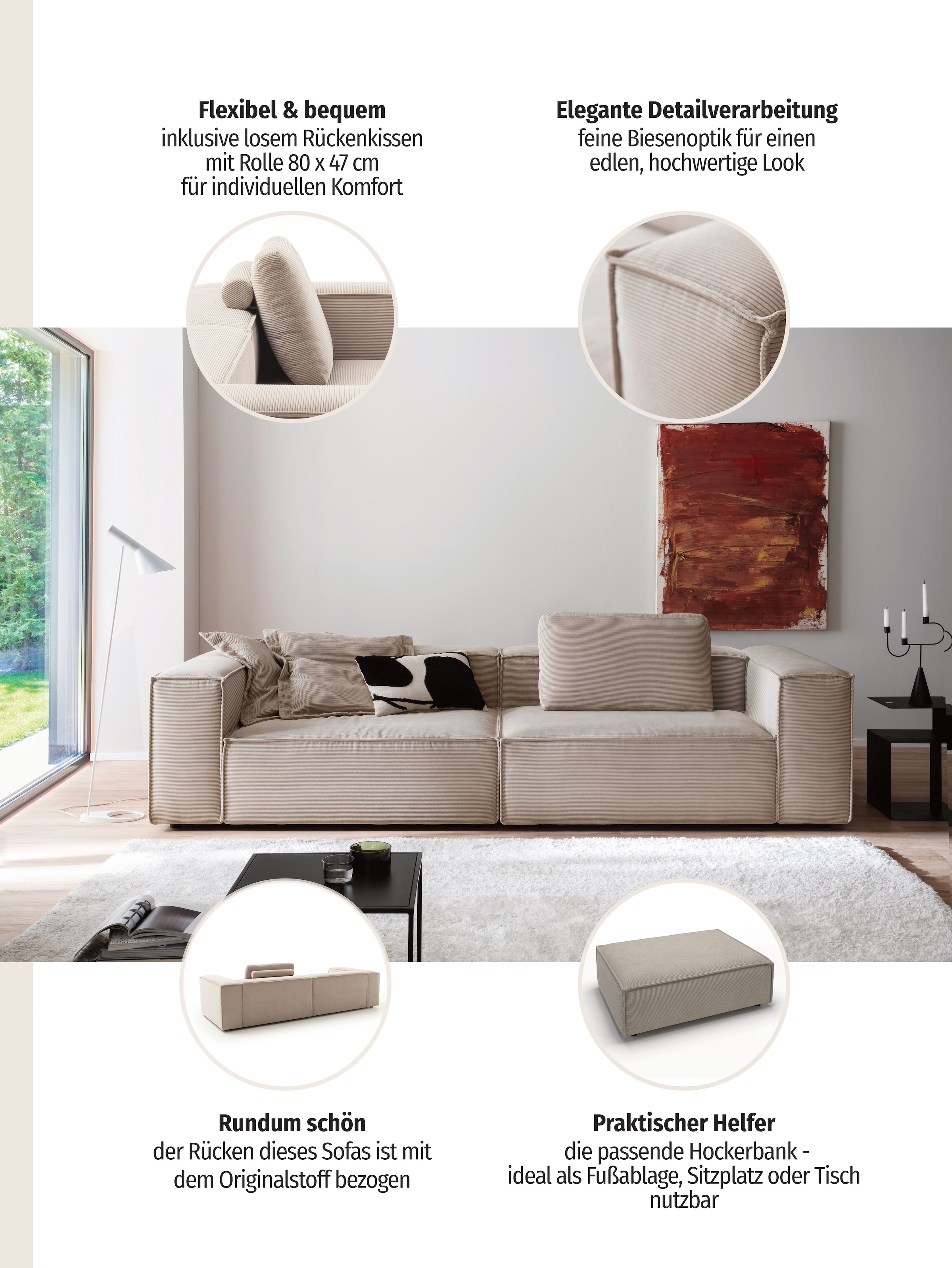 Home affaire 3-Sitzer »Watertown moderne Couch, Japandi Design, viel Platz, bequem« extra breites Sofa mit in eleganten Bezügen & grosszügiger Sitzfläche