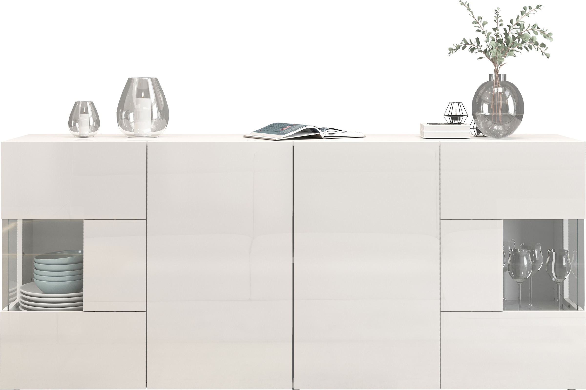 GOODproduct Sideboard »Egypt, Kommode, Schrank, Kredenz, Vitrine grifflos« 4 Türen davon 2 mit Glaseinsatz, kompl. Hochglanz lackiert, Breite 180