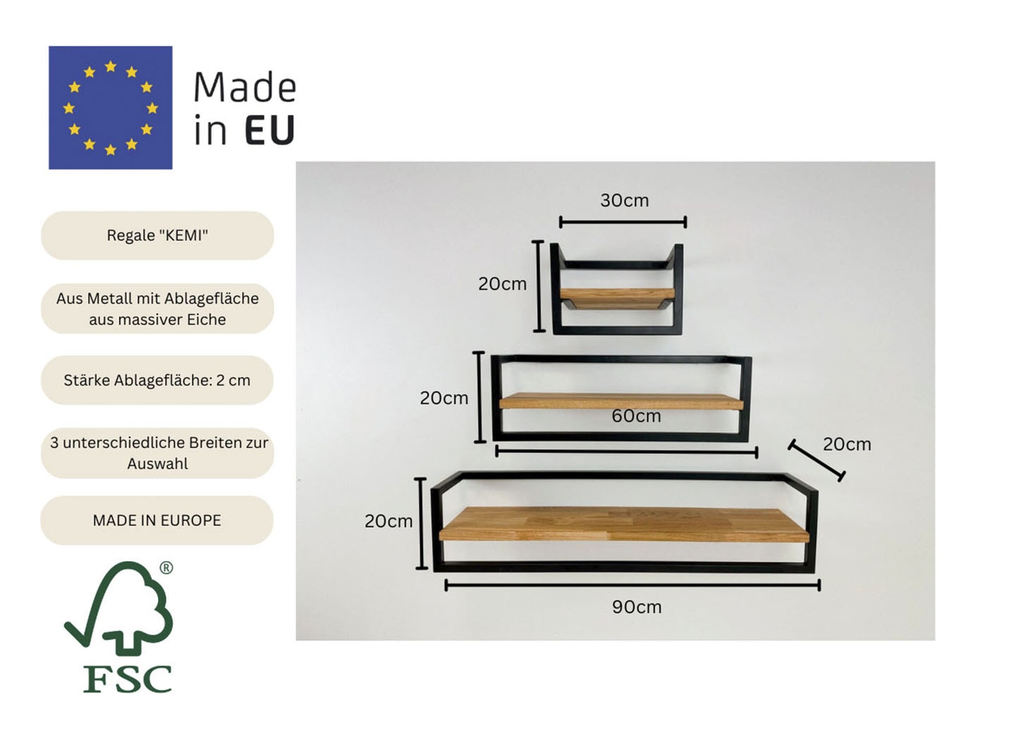 andas Wandregal »Kemi« B/T/H: 60/20/20 cm,  Rahmen aus Metall, Ablagefläche aus Eichenholz
