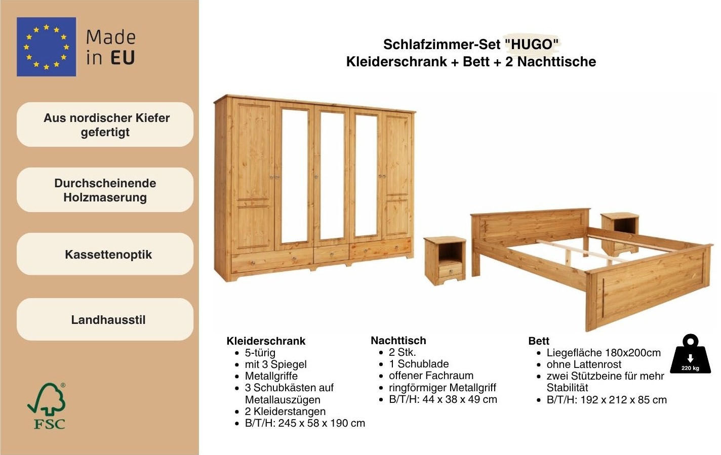 GOODproduct Ensemble de chambre à coucher »Hugo« Set, 4 cuis tlg. Bett 180x200 cm, 5-trg Kleiderschrank und 2 Nachttische