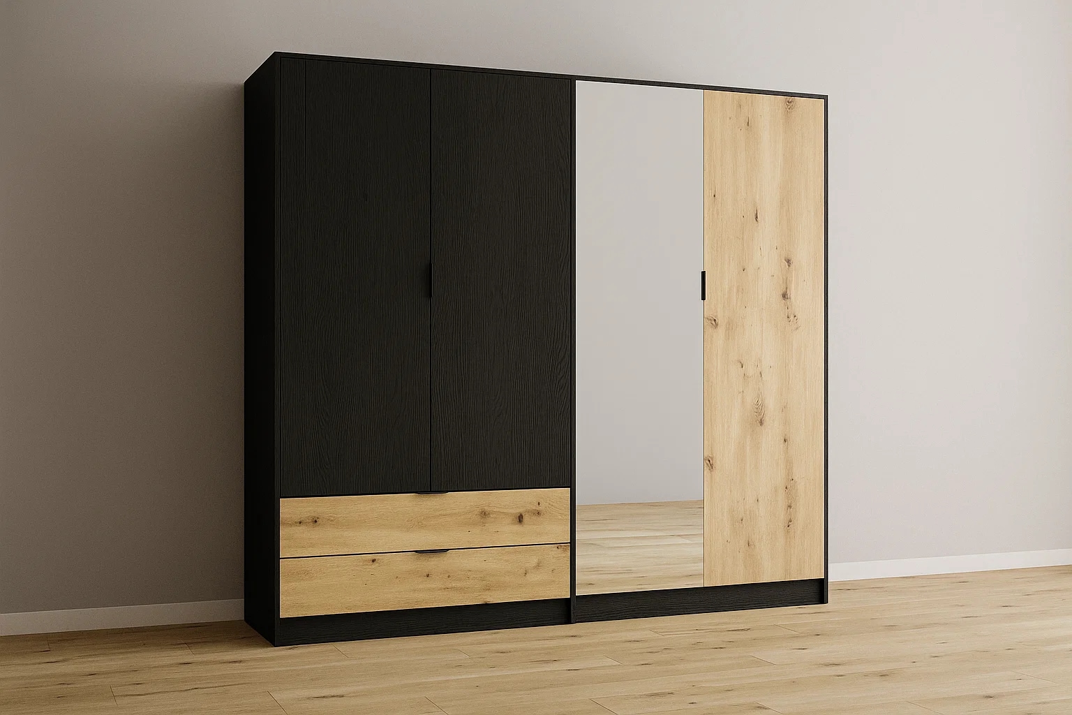 Home affaire Kleiderschrank »PERY mit Spiegel, 2 Schubladen, 4 Fächer und 2 Kleiderstangen« Garderobe mit 4 Türen und schwarzen Griffen, Masse B/T/H: 220/54/203cm