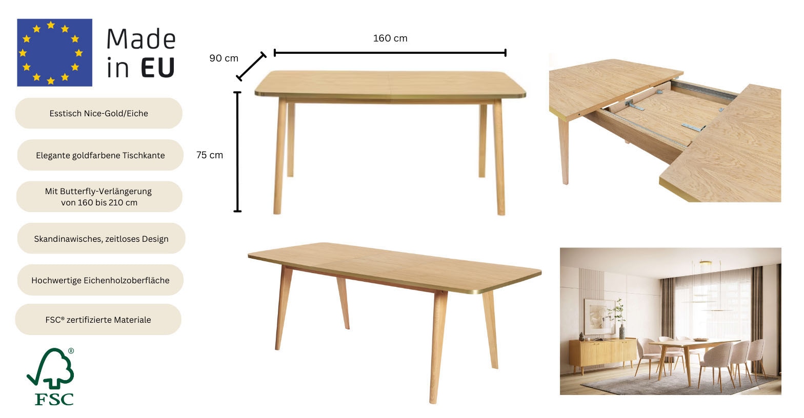 Woodman Table de salle à manger »Nice« Breite 160 cm, ausziehbar auf 210 cm, FSC® zertifiziert