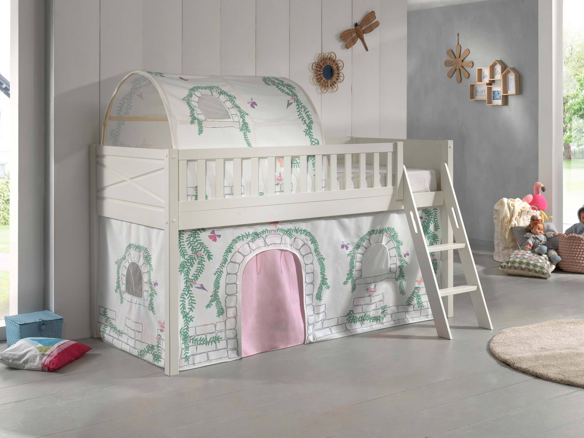 Vipack Hochbett »Scott« Made in Europe,  mit schräger Leiter, LF 90x200 cm, Vorhang, Tunnel, 4 Designs