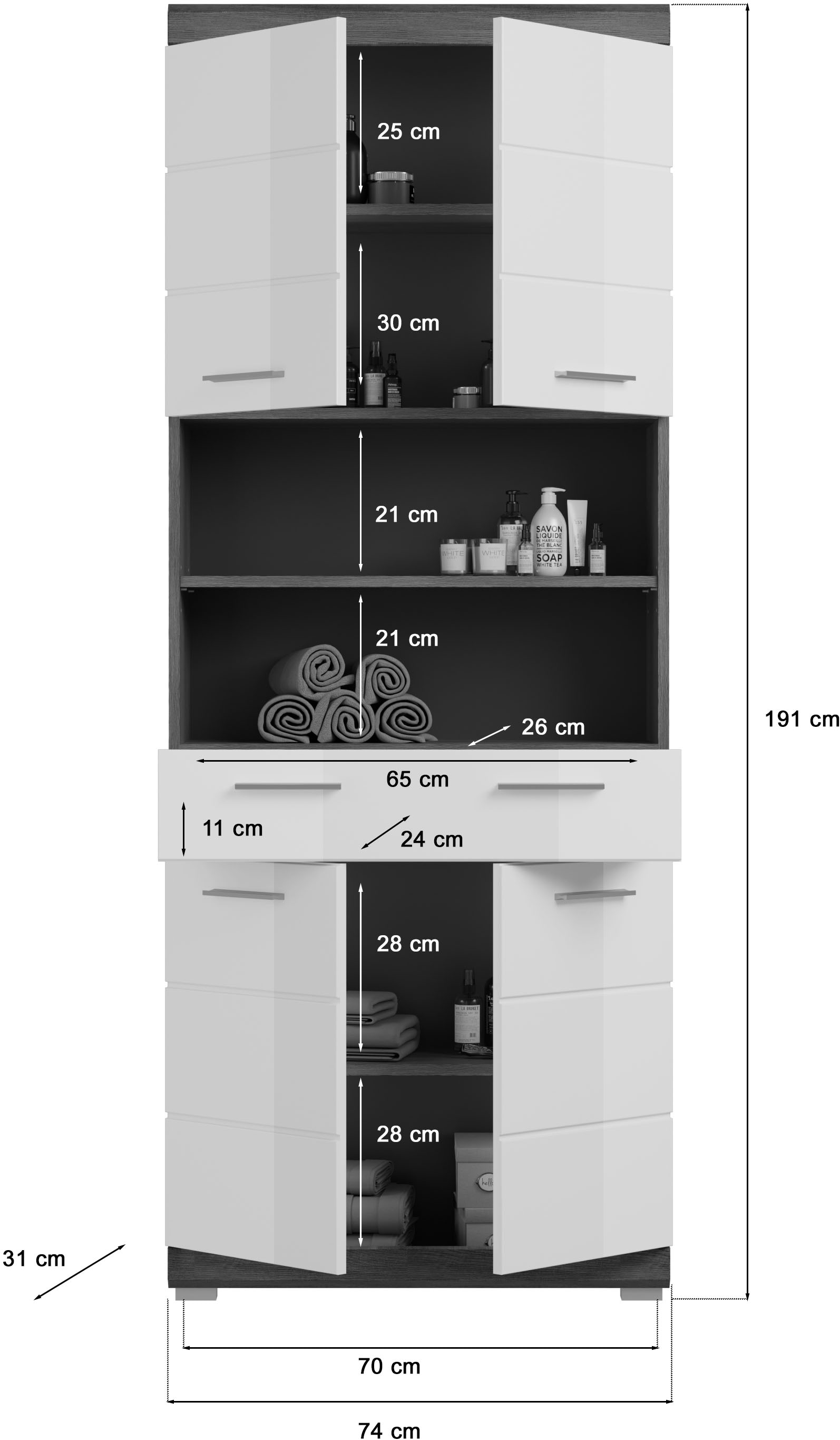 welltime Armoire haute »SIENA, Breite 74cm, 4 Türen, 1 Schubkasten, 2 offene Fächer, MDF-Front« TOPSELLER!,  in verschiedenen Farben erhältlich, Badmöbel, Badschrank, Schrank, Bad
