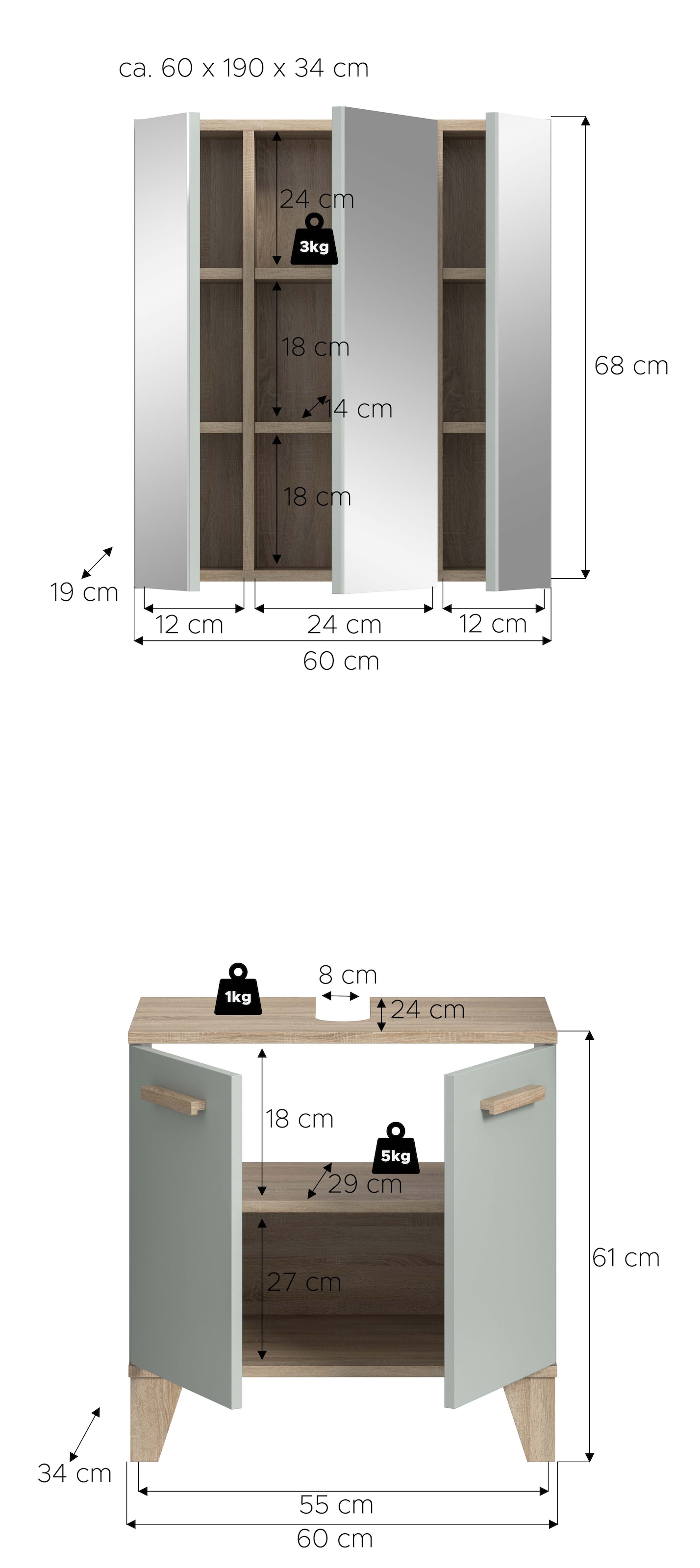 welltime Ensemble de meubles de salle de bain »MINTTU, 2-teilige moderne Badkombination im SCANDI-Look« bestehend aus: Waschbeckenunterschrank & Spiegelschrank, 2 cuis tlg.