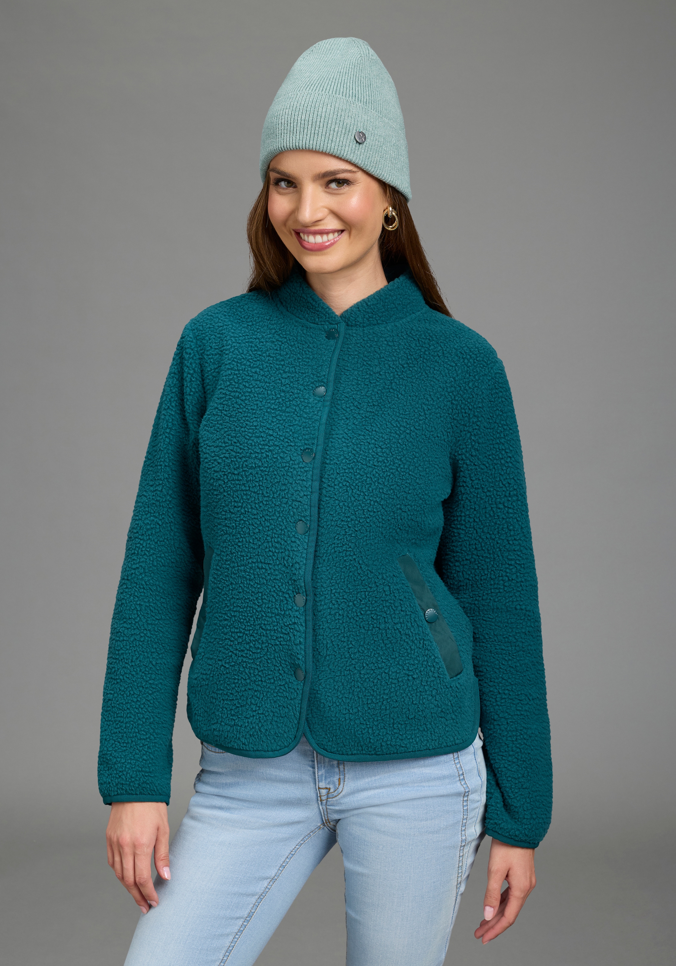 Polarino Veste polaire sans capuche en polaire Teddy, veste de transition avec col montant et boutons