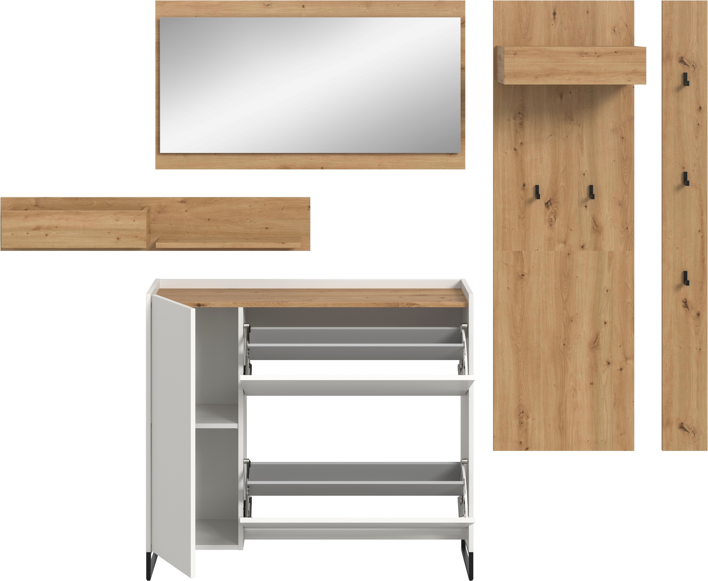 Home affaire Garderoben-Set »EVRID, 5-teilig, Breite 236 cm, individuell stellbar & erweiterbar« best. aus: Wandboard, Kommode, Spiegel, Garderobenpaneel, Hakenleiste, 5 Stk. tlg.