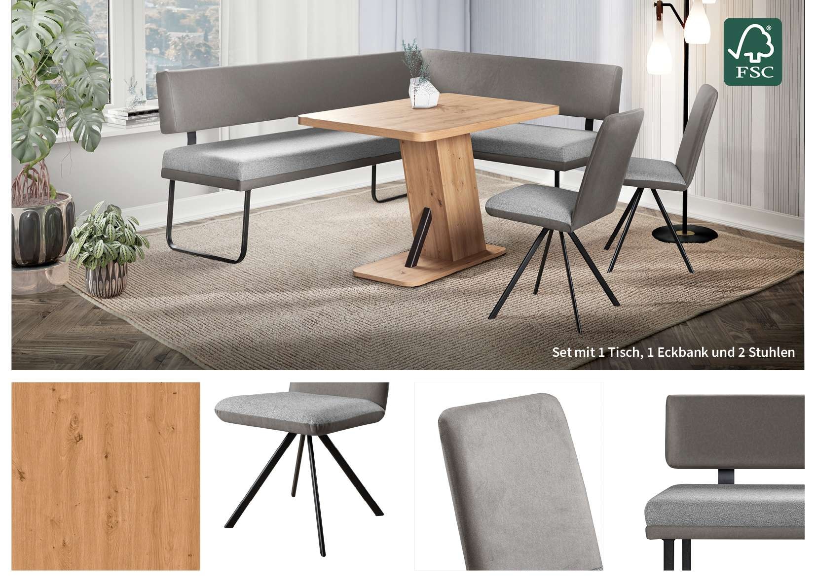 GOODproduct Ensemble de bancs d'angle »Gabi Essecke, Sitzgruppe, Eckbankgruppe, Küchenbankgruppe« Ensemble, 4tlg, 4 pièces tlg. Gestell aus matt-schwarzem Flachmetall, stabil, 2-Stoff-Design