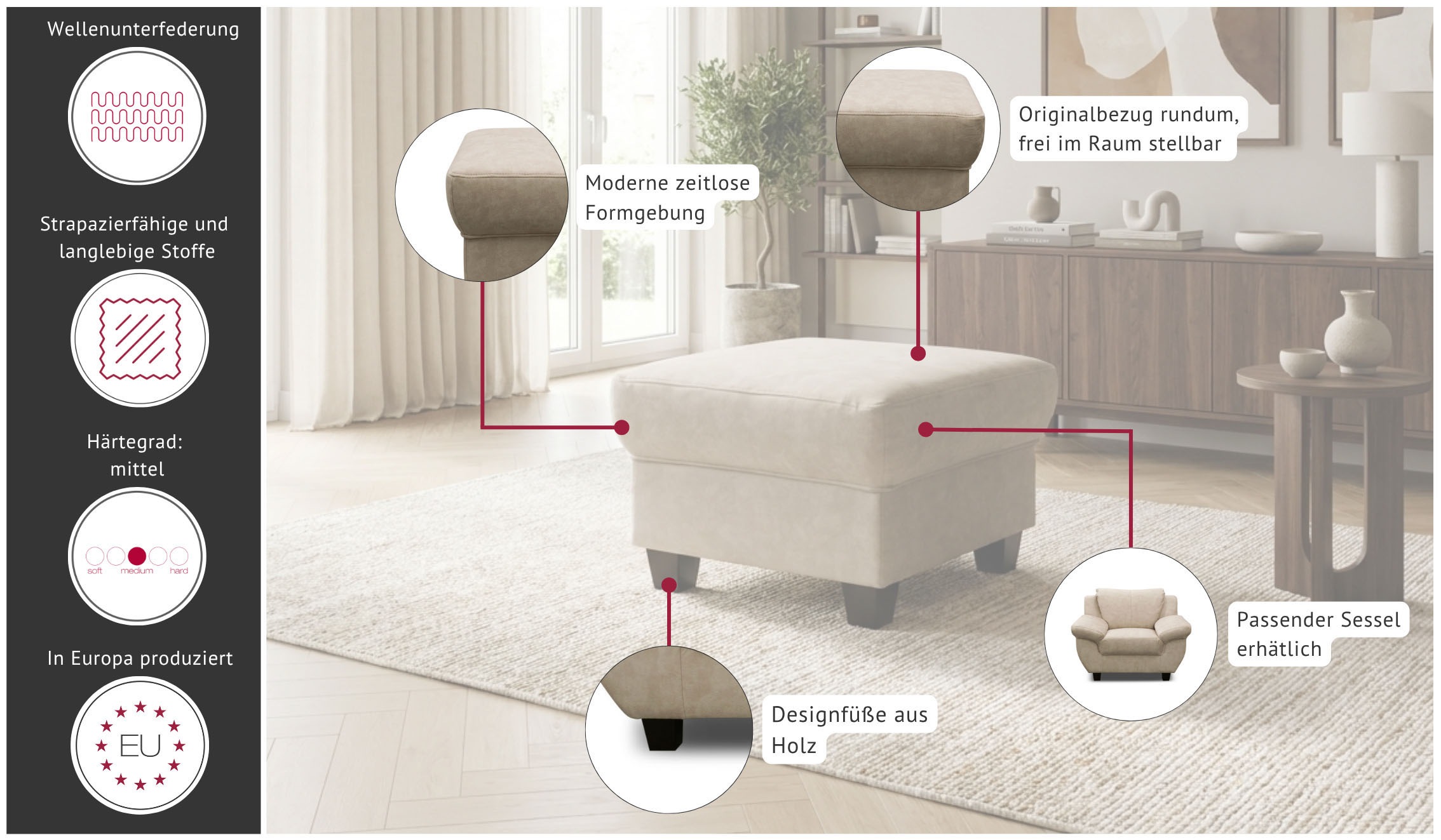 GOODproduct Tabouret »Silkeborg« Pouf rembourré Silkeborg assorti au canapé, largeur 59 cm