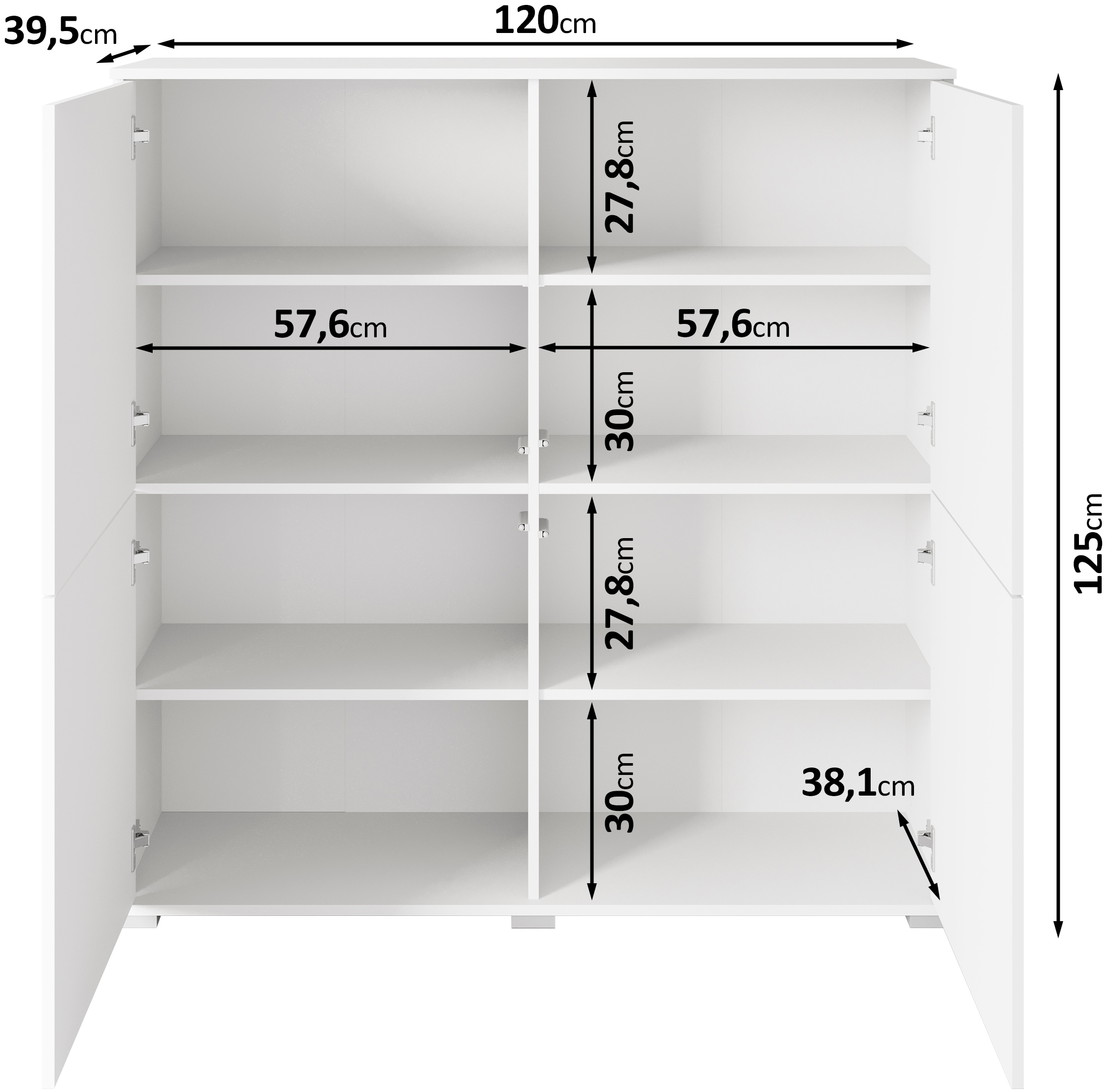 GOODproduct Buffet haut »Kenia, moderne grifflose Hochkommode mit 4 Türen, Breite 120 cm« 1 cuis tlg. façades push-to-open, étagères réglables en hauteur