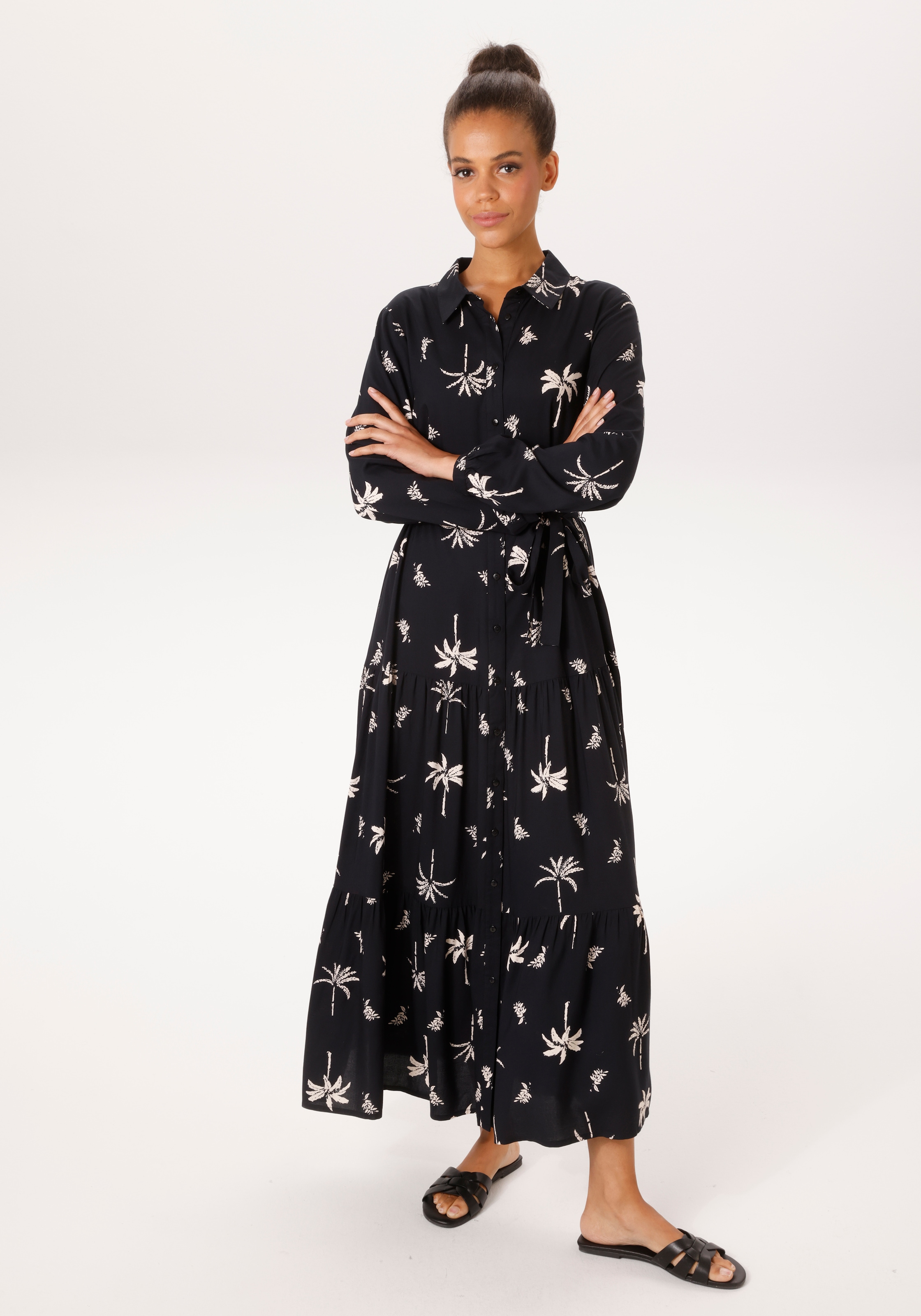 Aniston CASUAL Maxi robe mit abnehmbarem Bindeband,  mit Palmen bedruckt - jedes Teil ein Unikat