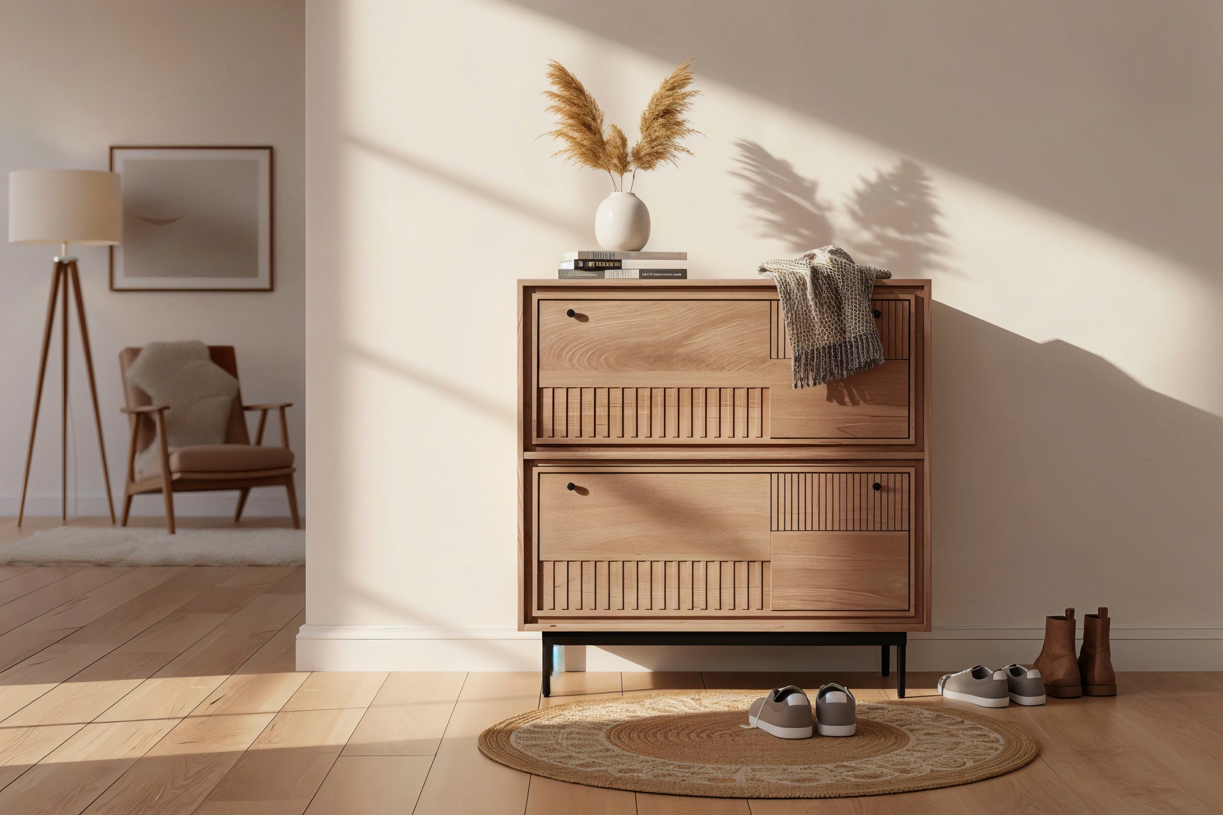 SIT Schuhschrank »Burano aus Mangoholz mit 2 Klappen & dekorativer Lamellenfront« 1 Stk. tlg. Kunstvolle Holzschnitzereien mit schwarzen Metallgriffen als Kontrast
