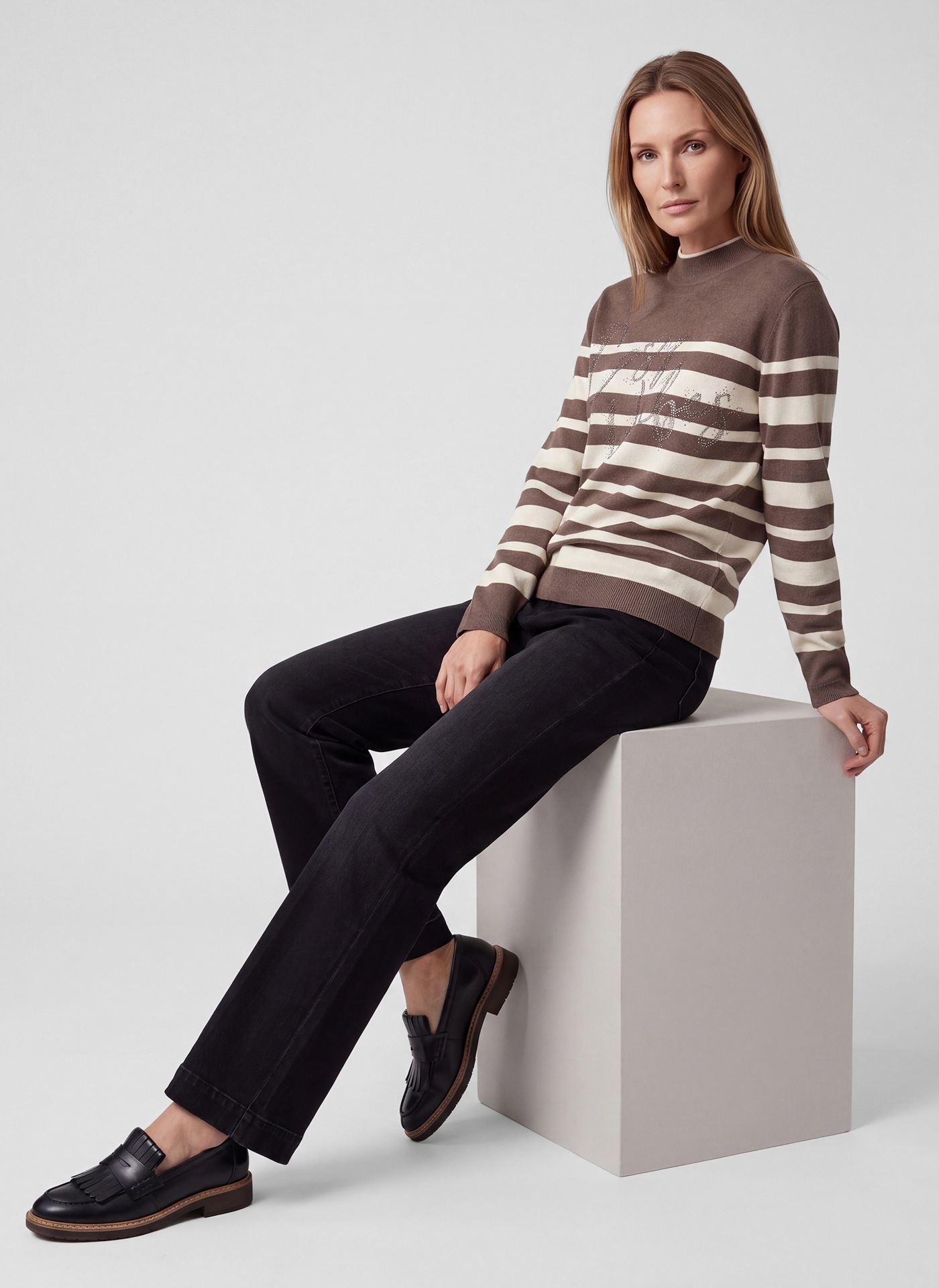 Rabe Pull en tricot im Streifen-Design und mit Glitzer-Wording