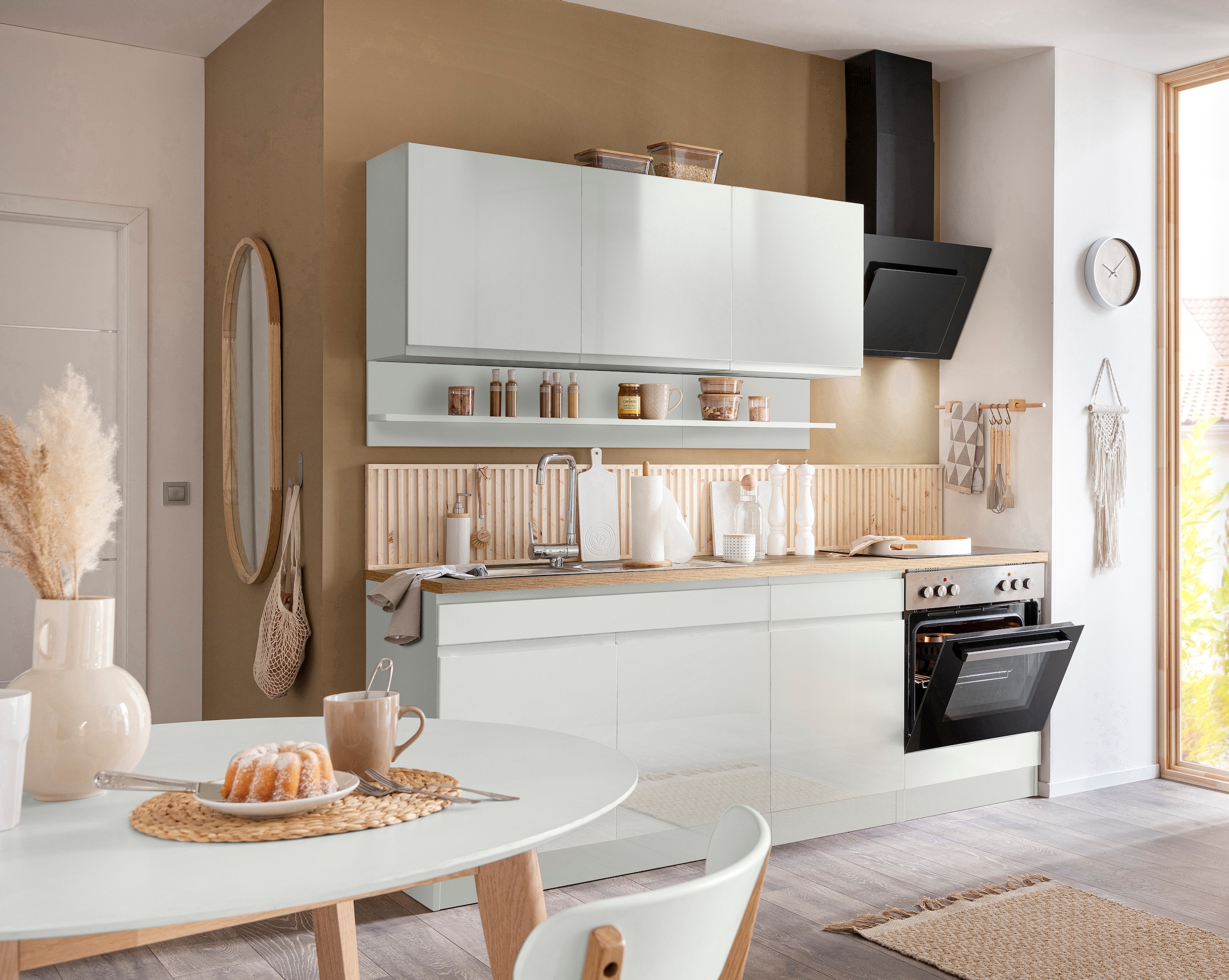 KOCHSTATION Kitchenette »KS-Virginia,neu in verbesserter Ausführung« plan de travail épaisseur 38 mm, rangement, fermeture douce,  21 : largeur 210 cm, fermeture en douceur, option avec appareils électriques