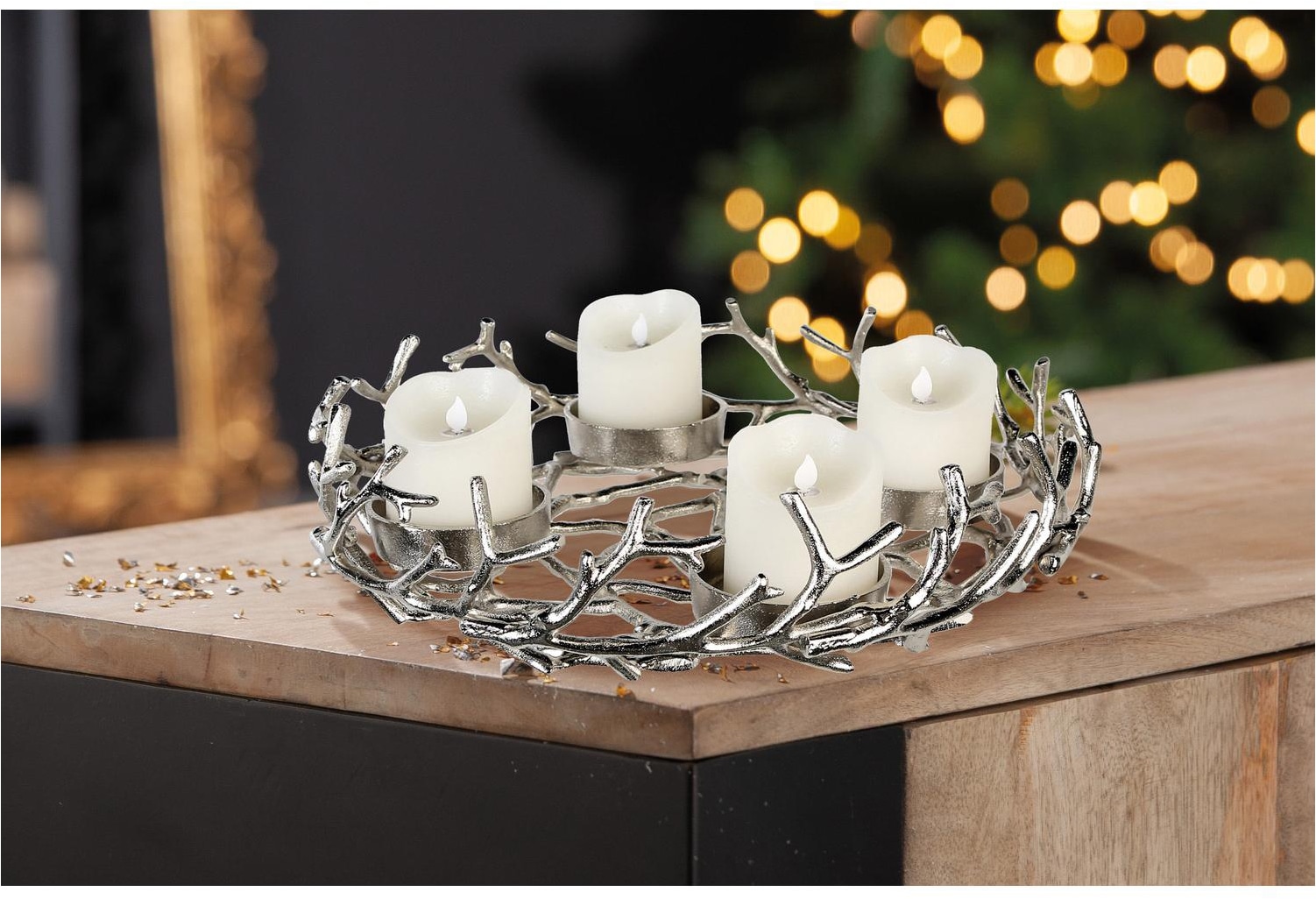 GILDE Porte-bougies »Adventsleuchter rund Twigs silberfarben« Chandelier de l'Avent porte-bougies branches brindilles Avent festif couronne