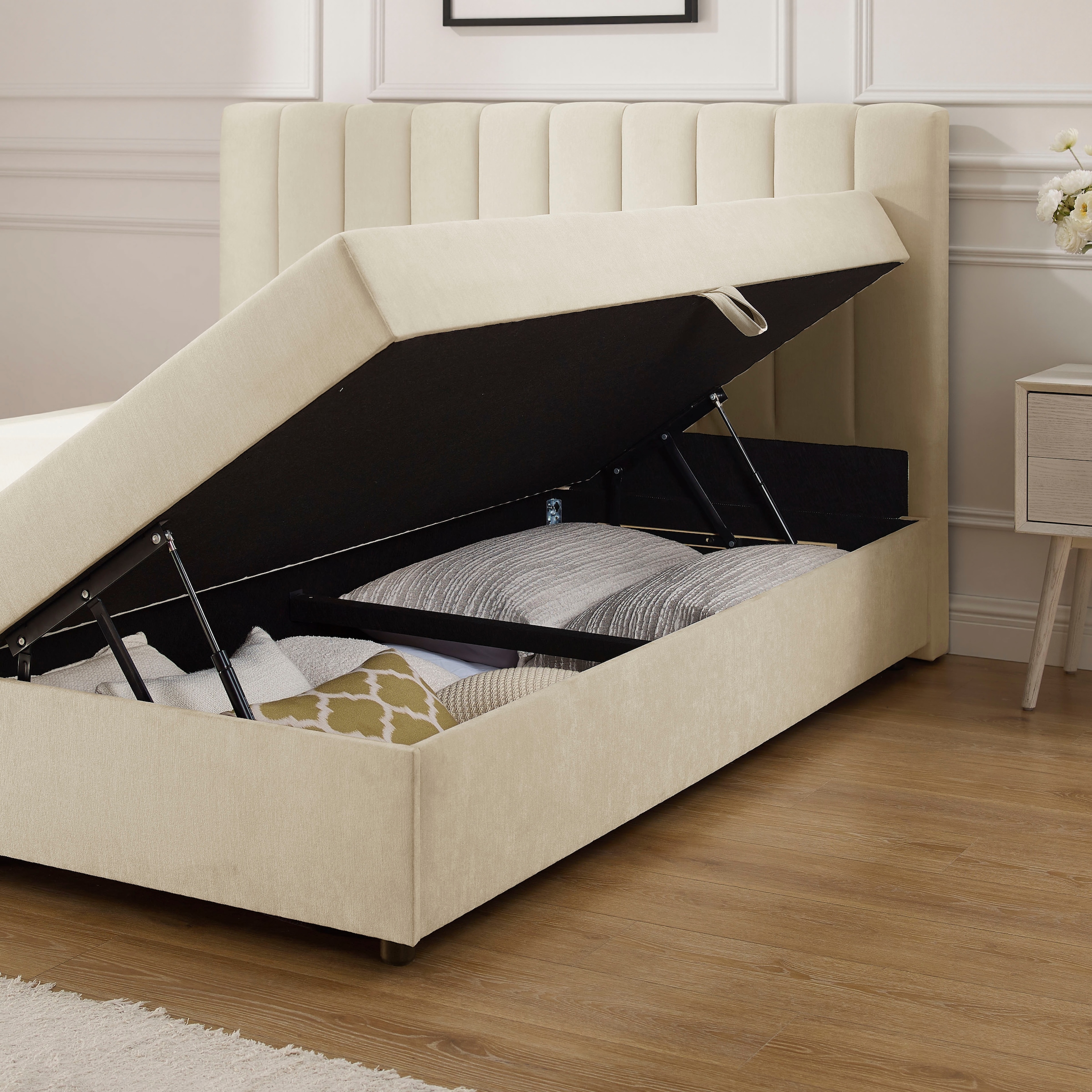 GOODproduct Lit de boxe »HAILEYY, Polsterbett mit Bettkasten, inkl. Taschenfederkernmatratze H3« avec surmatelas en mousse froide, housse en chenille, 140x200 & 180x200 cm