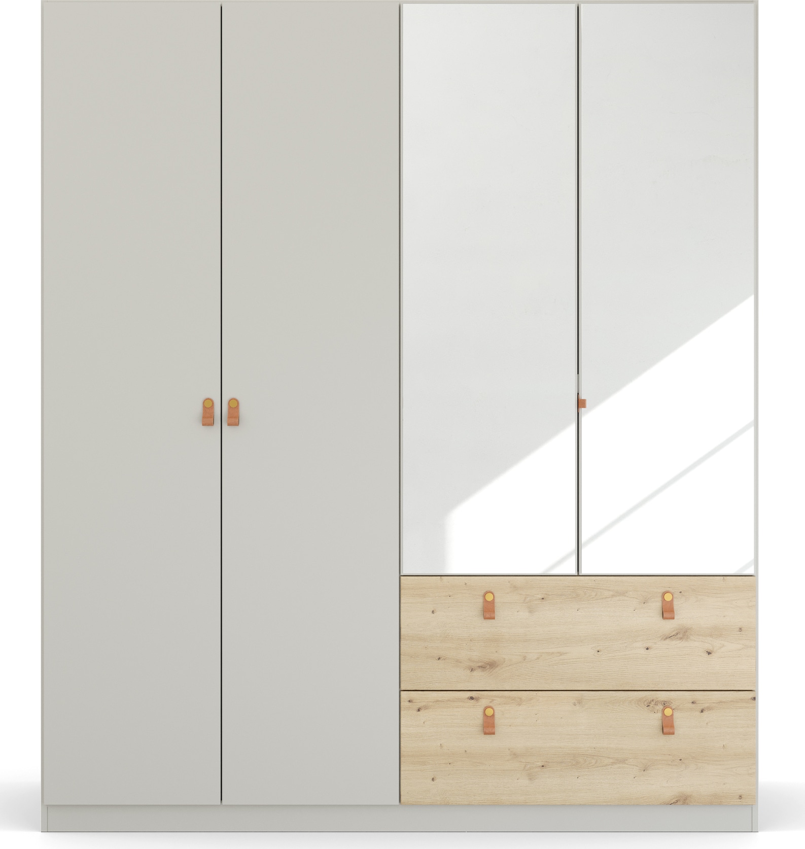 rauch Drehtürenschrank »Kleiderschrank Schrank Garderobe Ankleide HOMEY BY QUADRA SPIN« Breiten: 181/226/271 cm, Höhe 210 cm,  mit cognacbraunen Ledergrifflaschen, Schubladen in Eichen-Dekor