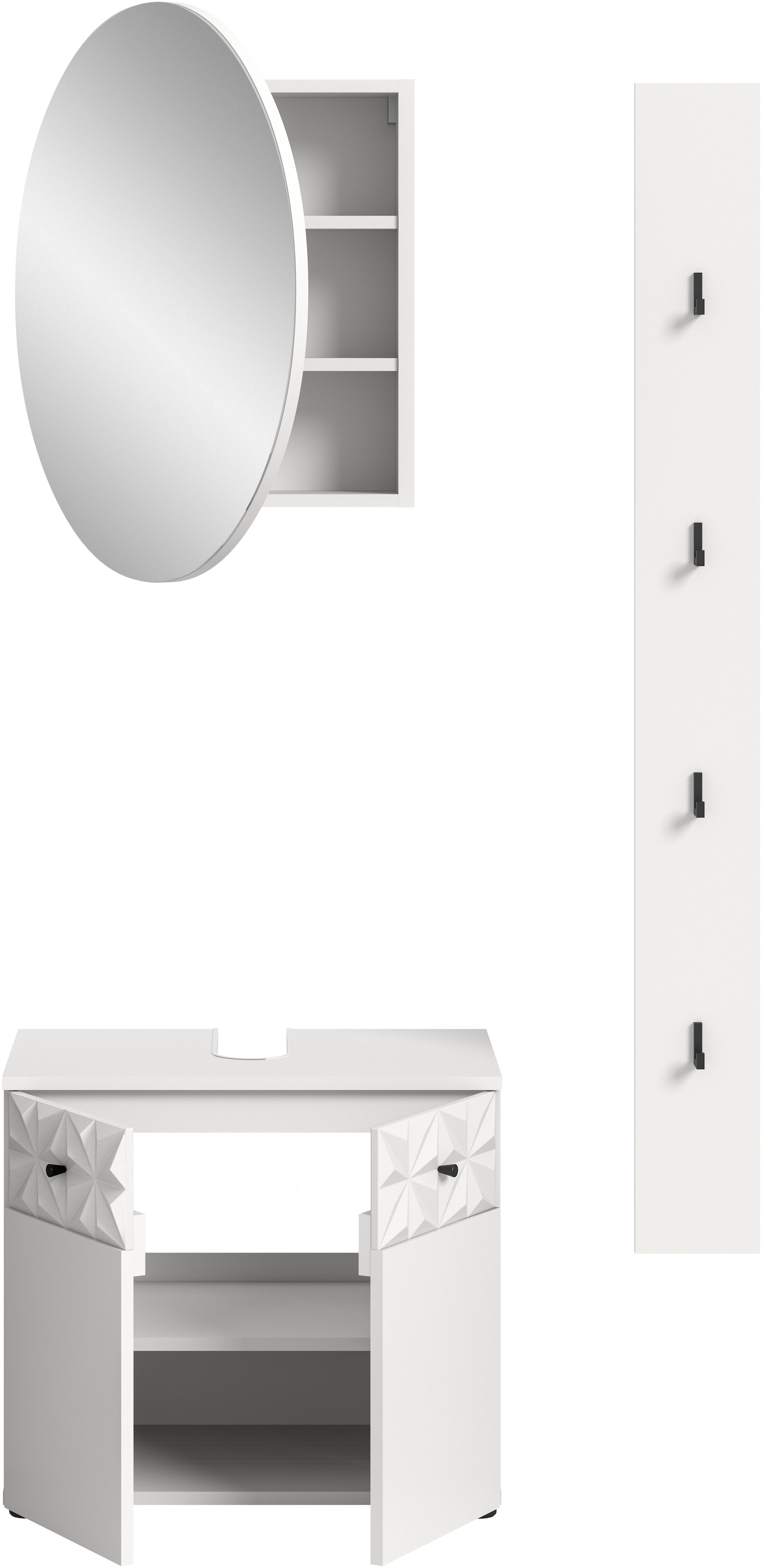 INOSIGN Badezimmer-Set »VICENZA, TOPSELLER!, Breite 91cm, 3-teilig, mit Ornamentabsetzung« best. aus: Waschbeckenunterschrank, Spiegelschrank und Hakenleiste, 