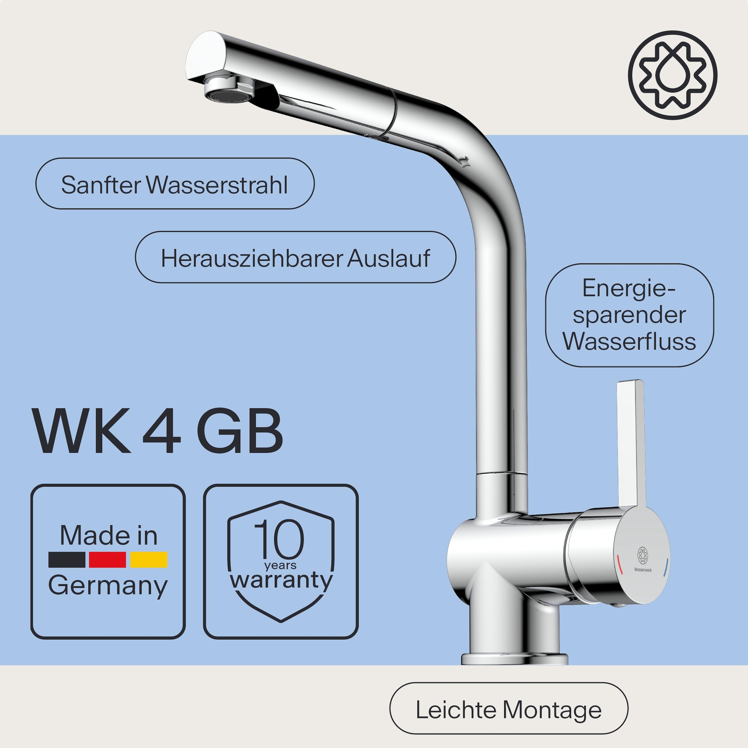 WASSERWERK Robinet d'évier »WK 4, Wasserhahn, Küche, Einhebelmischer« pivotant à 360°, fonction Cold-Start, extractible