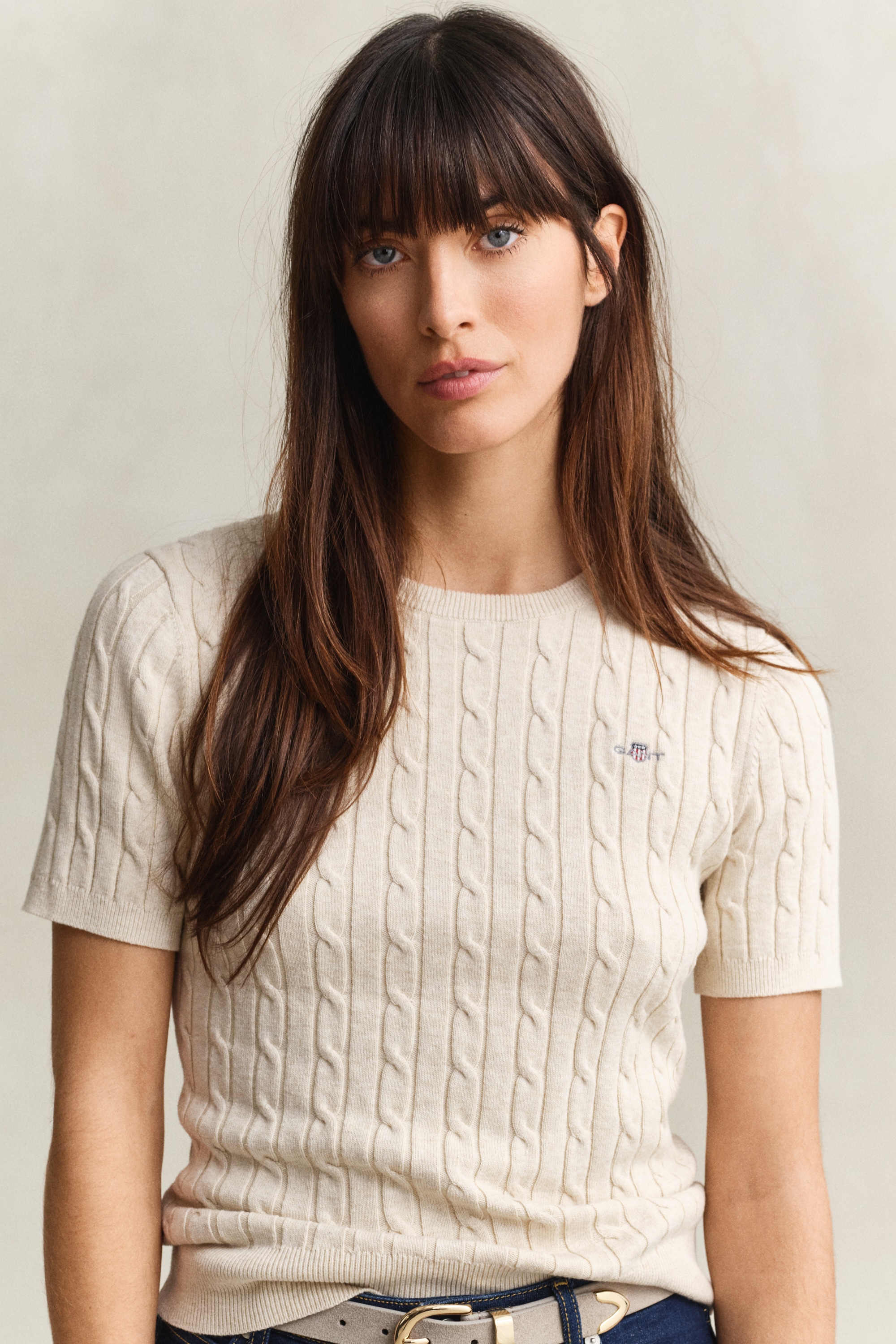 Gant Pull à manches courtes »STRETCH COTTON CABLE« Coupe slim avec encolure ronde