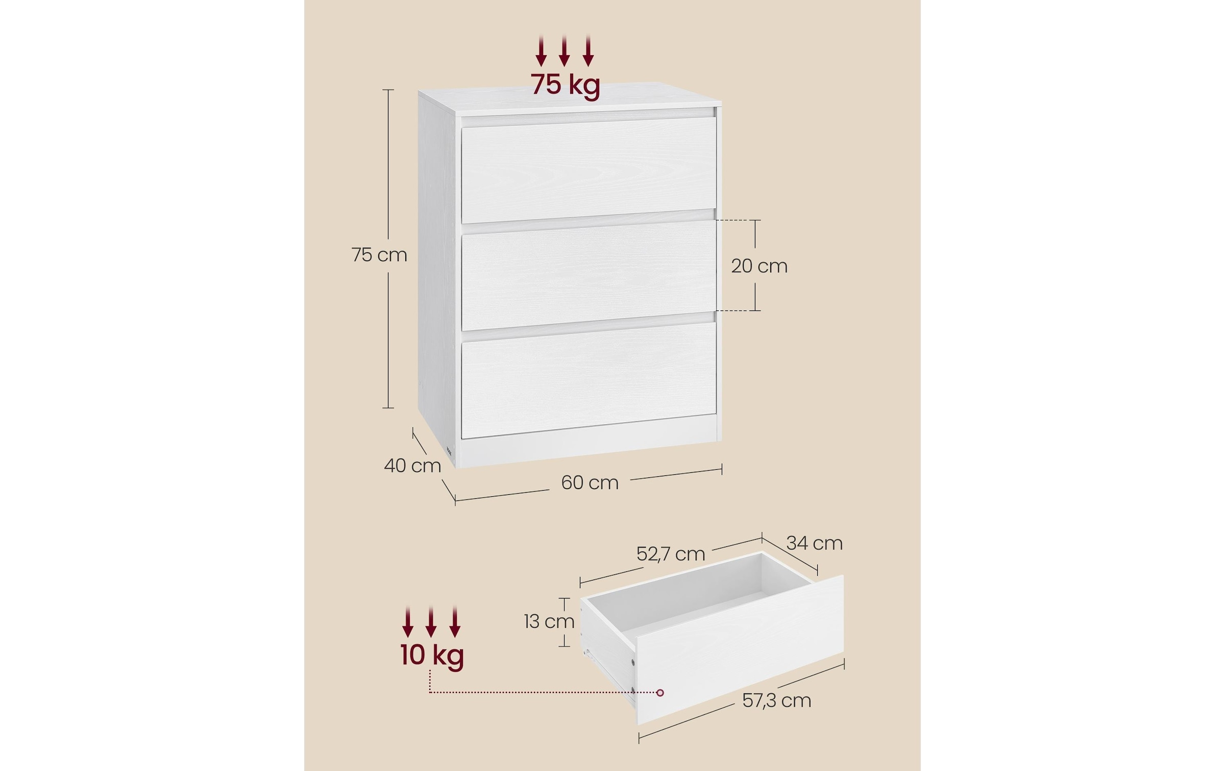 VASAGLE Schublade »mit 3 Schubladen 60 x 75 cm«