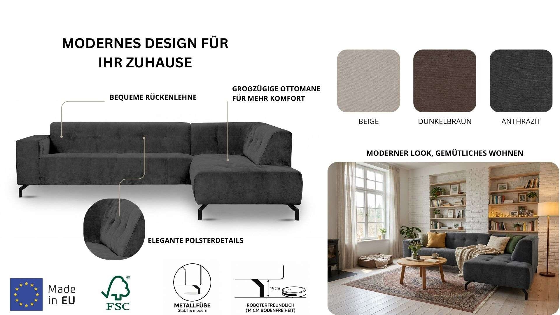 GOODproduct Canapé d'angle »NEW Lorcan« Chenille Bezug, Breite 275 cm, Metallfüsse