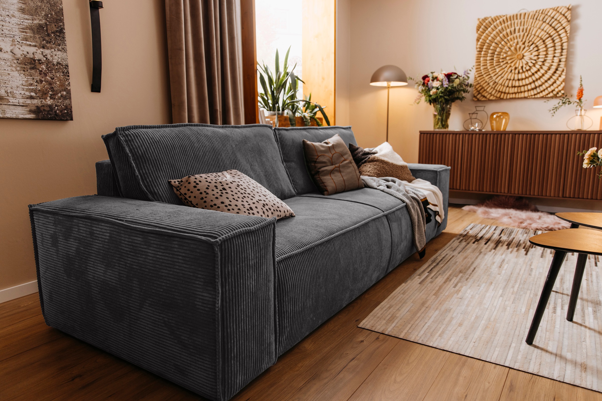 Home affaire 3-places »SHERWOOD Schlafsofa (257cm) Cord, Samtvelours, Vintage-Lederoptik« Schlaffunktion mit Bettkasten (ca. 136/200cm)