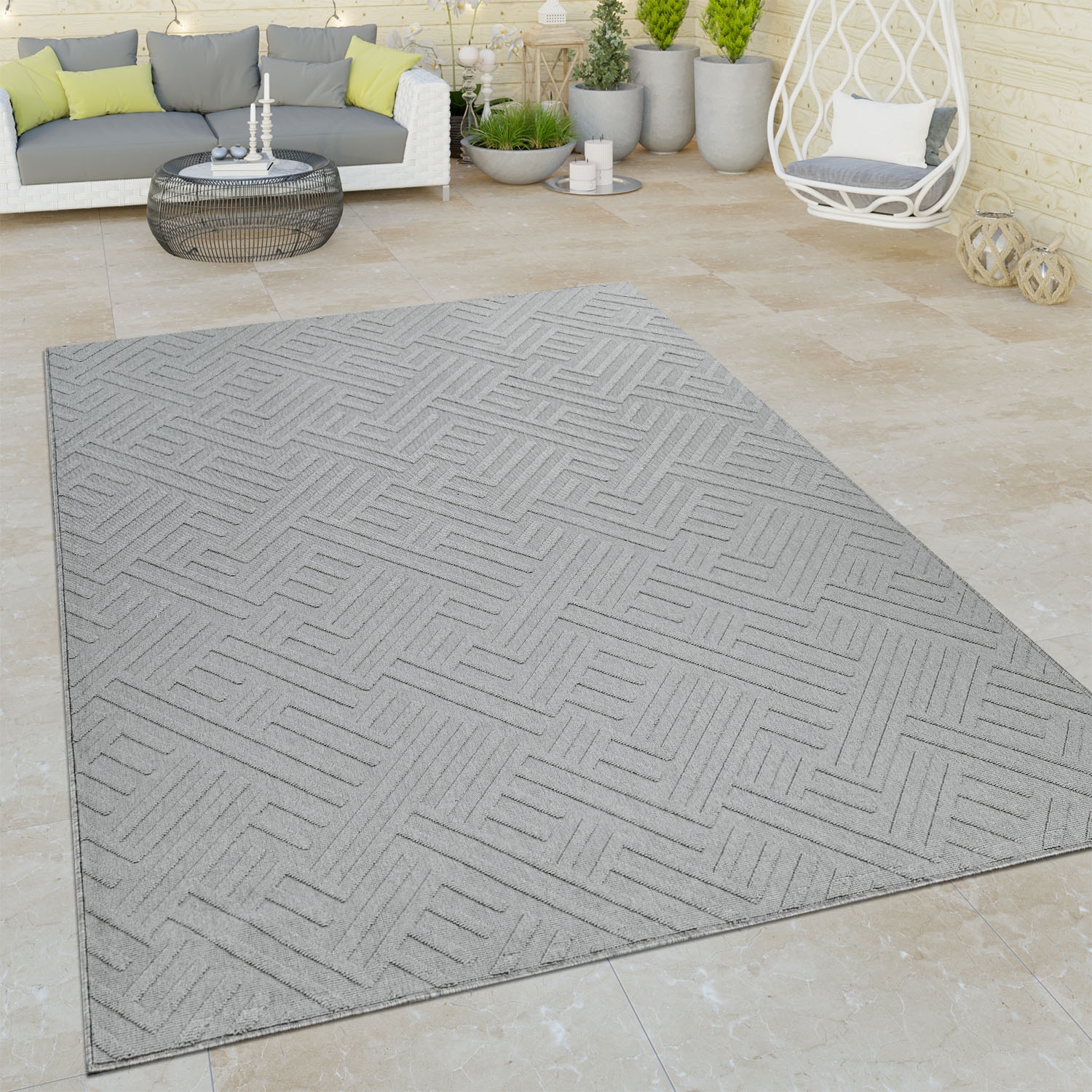 Paco Home Tapis »Namur 326« Rectangulaire 4 mm Höhe Kurzflor, Uni-Farben, modernes Design, 3D-Effekt, Outdoor geeignet