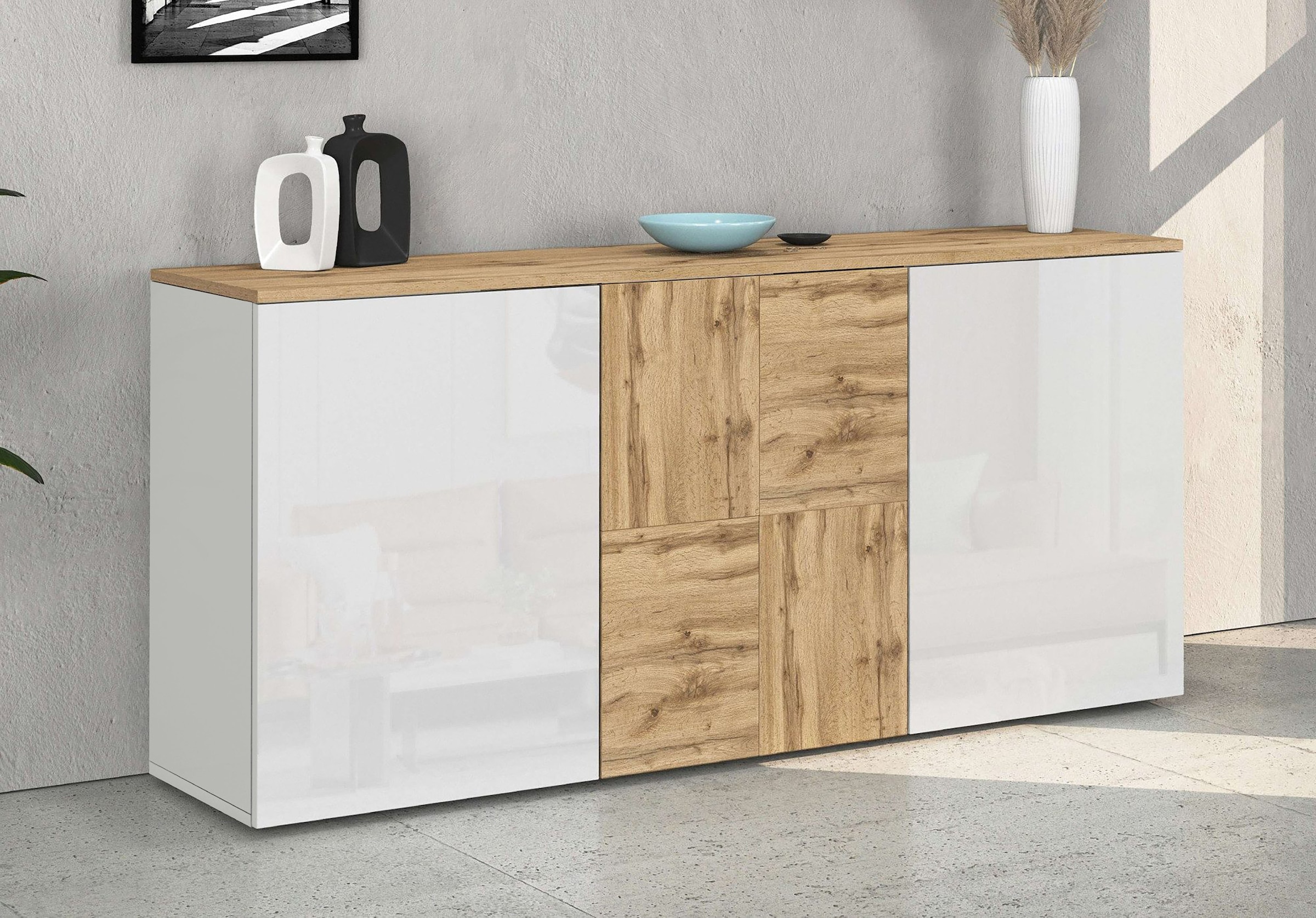 GOODproduct Sideboard »ISEO, Kommode, Schrank, Sideboard, Lowboard, 6 Fächer, Breite 150 cm« 1 Stk. tlg. stehend/hängend, 3 Türen Hochglanz lackiert, Made in Italy