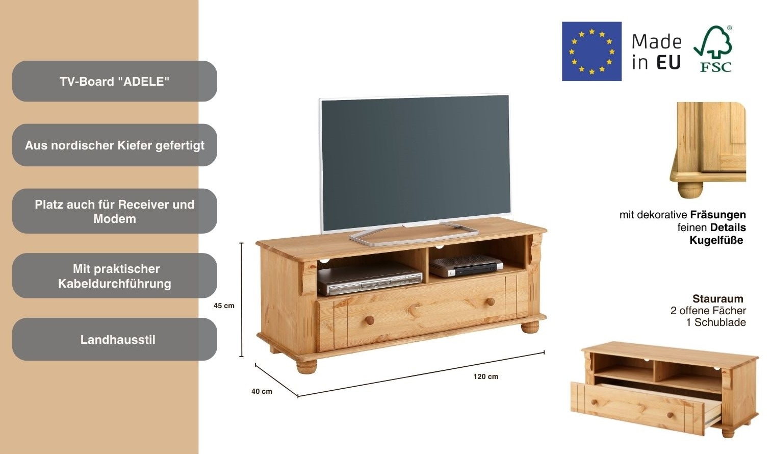 Home affaire TV-Board »Adele« Breite 120 cm, mit Schublade, aus massiver Kiefer, FSC®