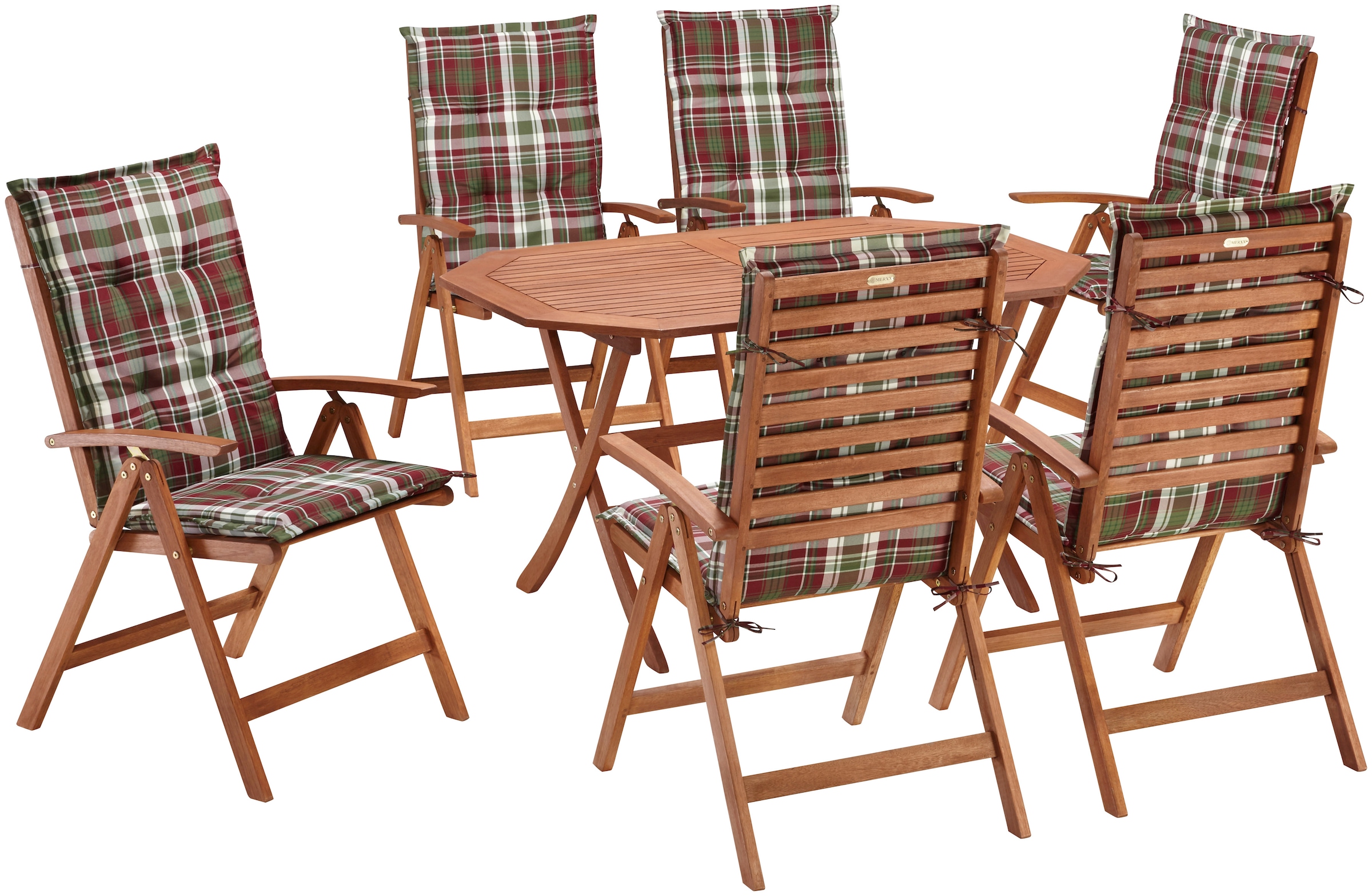 MERXX Salon de jardin »Borkum, TOPSELLER!« 6x Sessel, inkl. Sitz- und Rückenkissen, 1x Klapptisch 135x85 cm, 13 cuis tlg. Eukalyptusholz, FSC® Mix, geeignet für 6 Personen