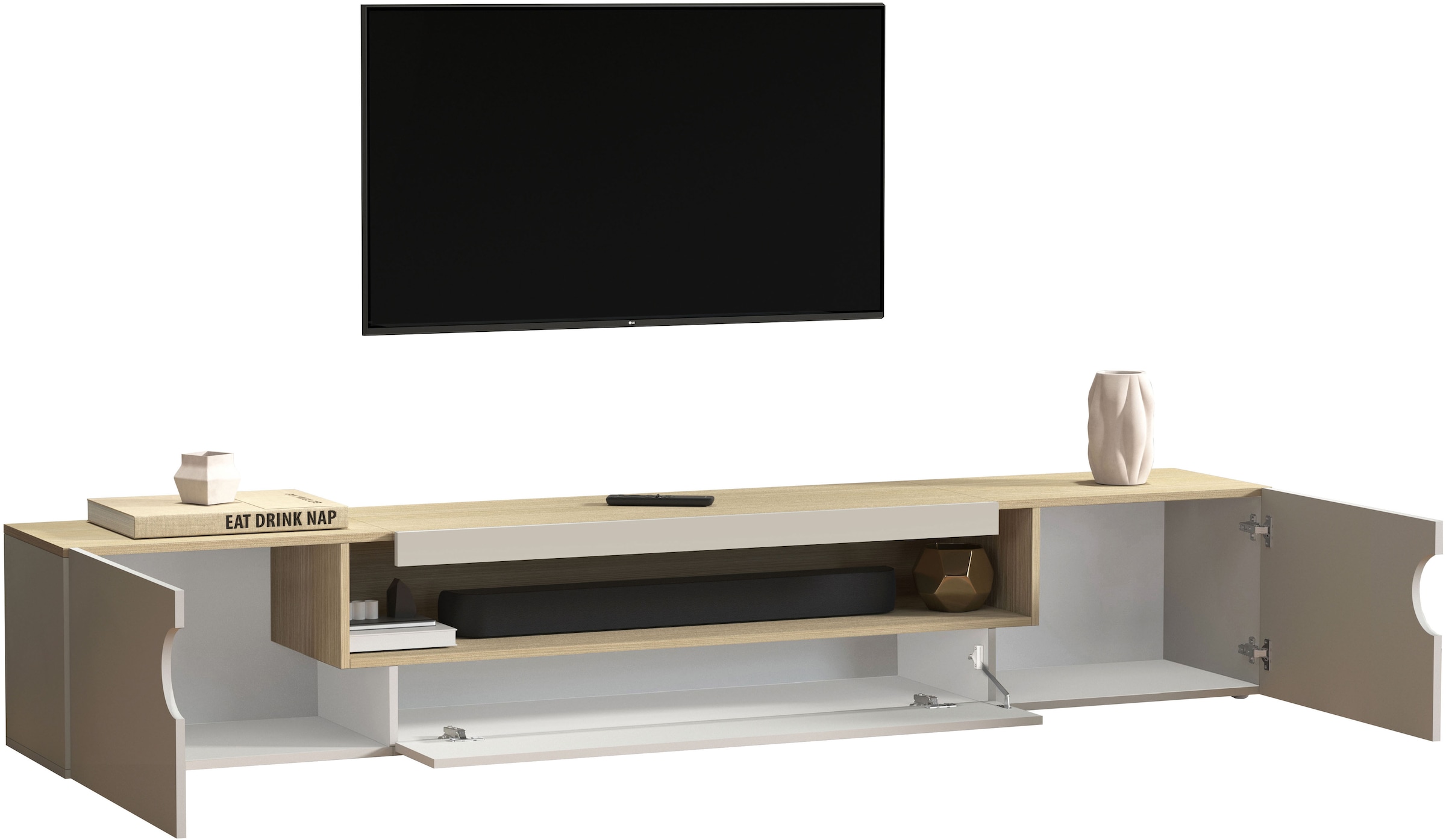 INOSIGN Table basse »REAL TV-Möbel, 240 cm breit, 40/60 cm hoch, Hochglanz oder matt« mit 2 abgerundeten Türen, 1 Klappe, die ein ovales offenes Fach bilden
