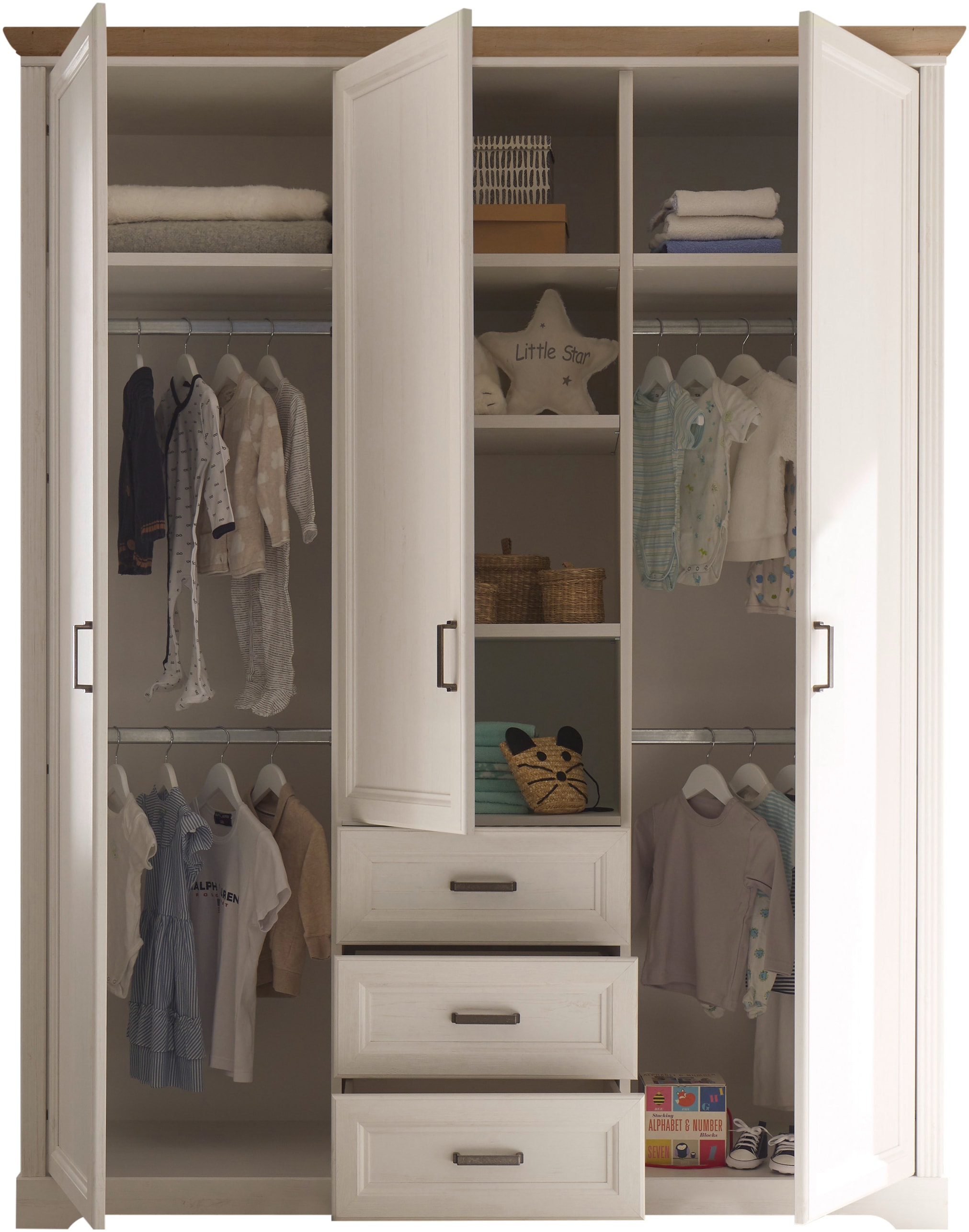 Begabino Armoire à portes battantes »Jasmin Schrank, Kleiderschrank mit Drehtüren« im Landhausstil, Kranzleiste mit farblicher Absetzung