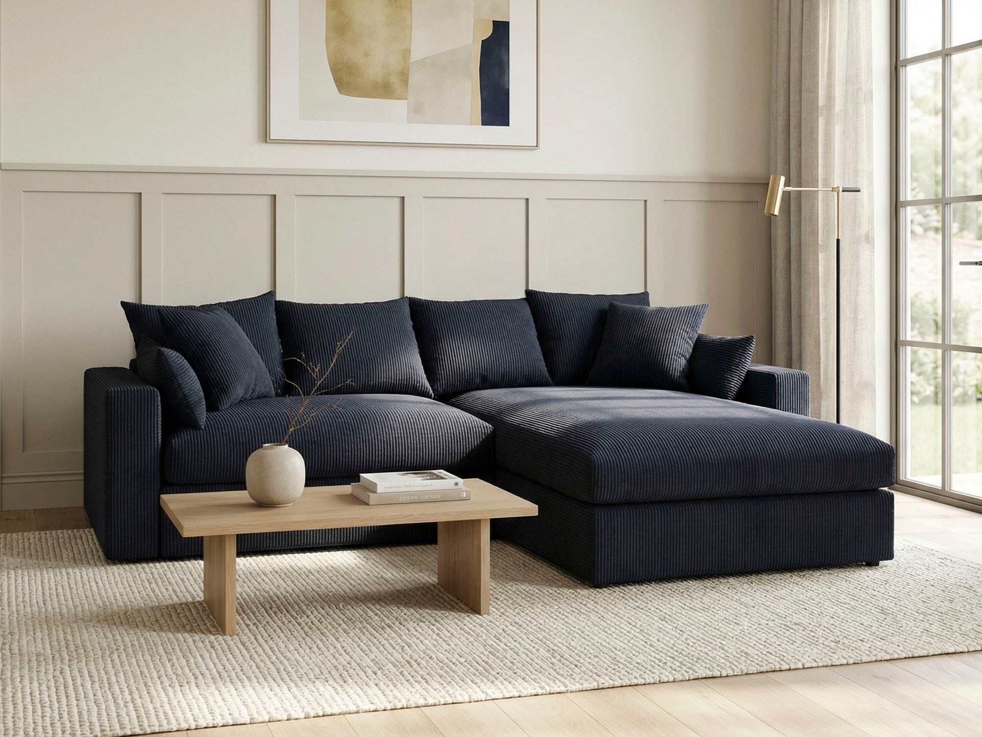 GOODproduct Canapé d'angle »Cosy Lounge L-Form, Breite 268 cm« méga canapé recouvert de velours côtelé, avec ressorts et 5 coussins décoratifs