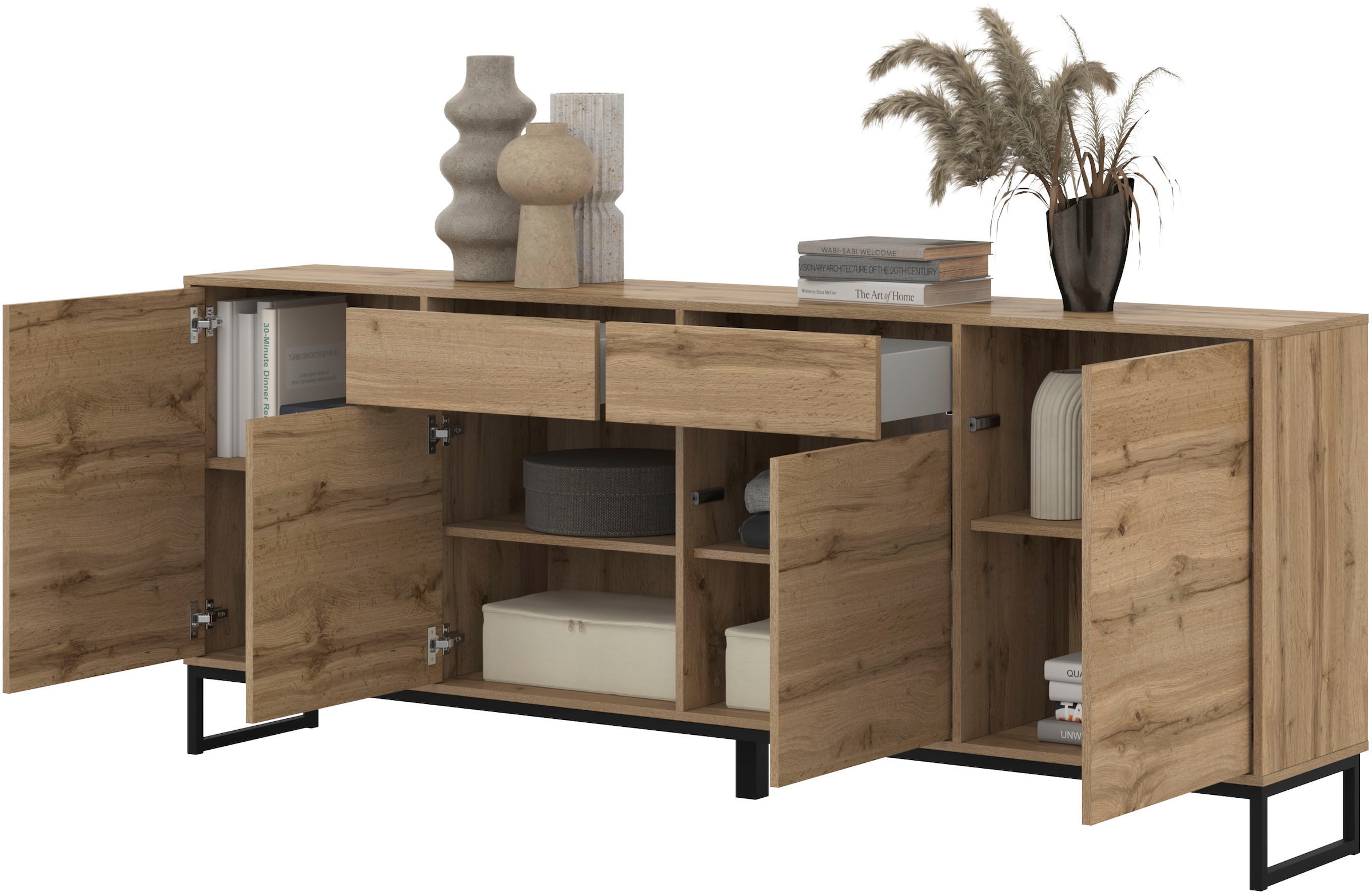 GOODproduct Sideboard »Loft, Breite 208,5 cm, grifflose Kommode 4 Türen/2 Schubkästen.« Schubladenschrank mit viel Stauraum, Einlegeböden verstellbar