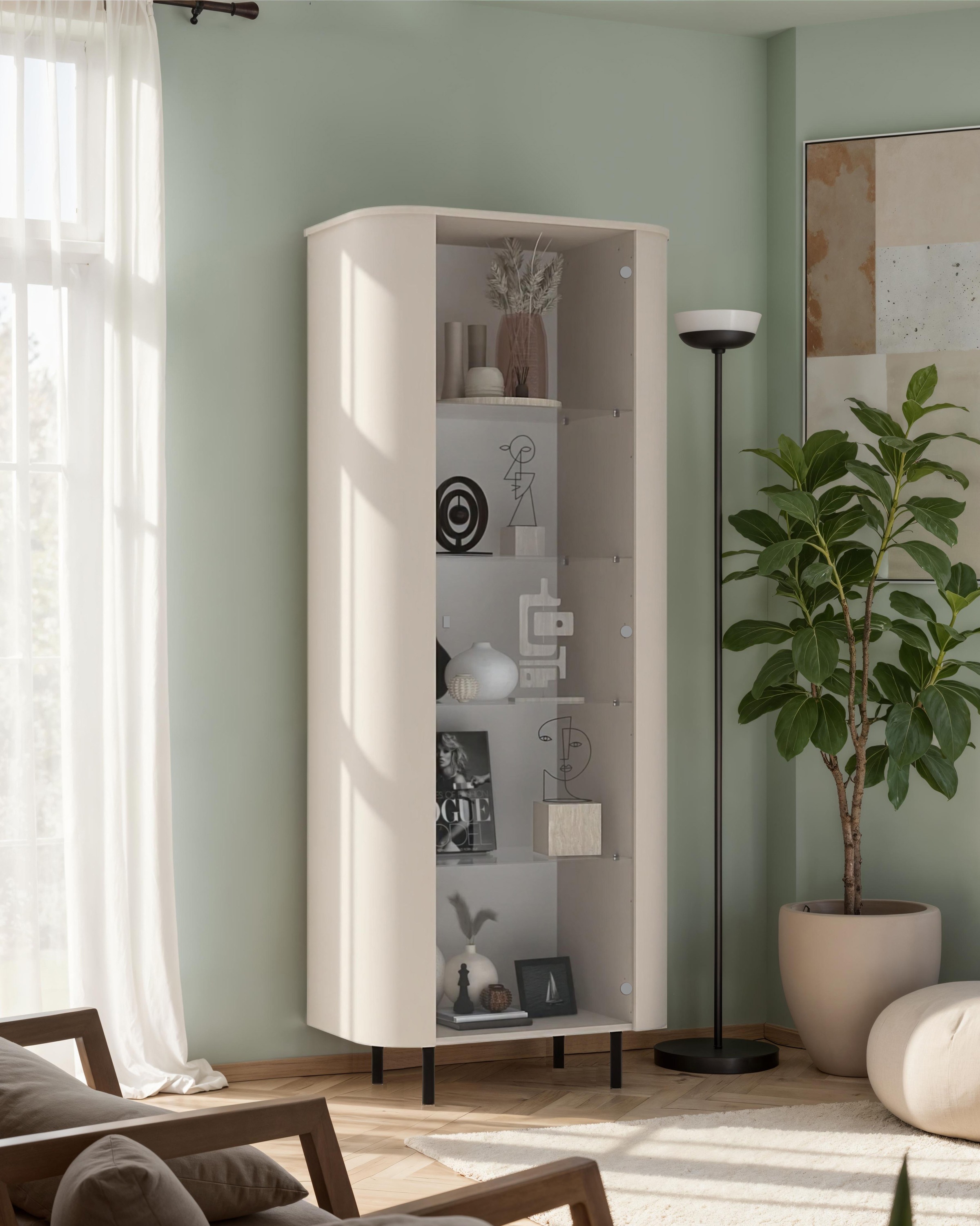 GOODproduct Vitrine »Lido, Standvitrine 200 cm hoch, 1 Tür, Glasvitrine, Vitrinenschrank« Gebogenes MDF, Stirnseiten mit Rundung, Metallfüsse, dekorativ & edel