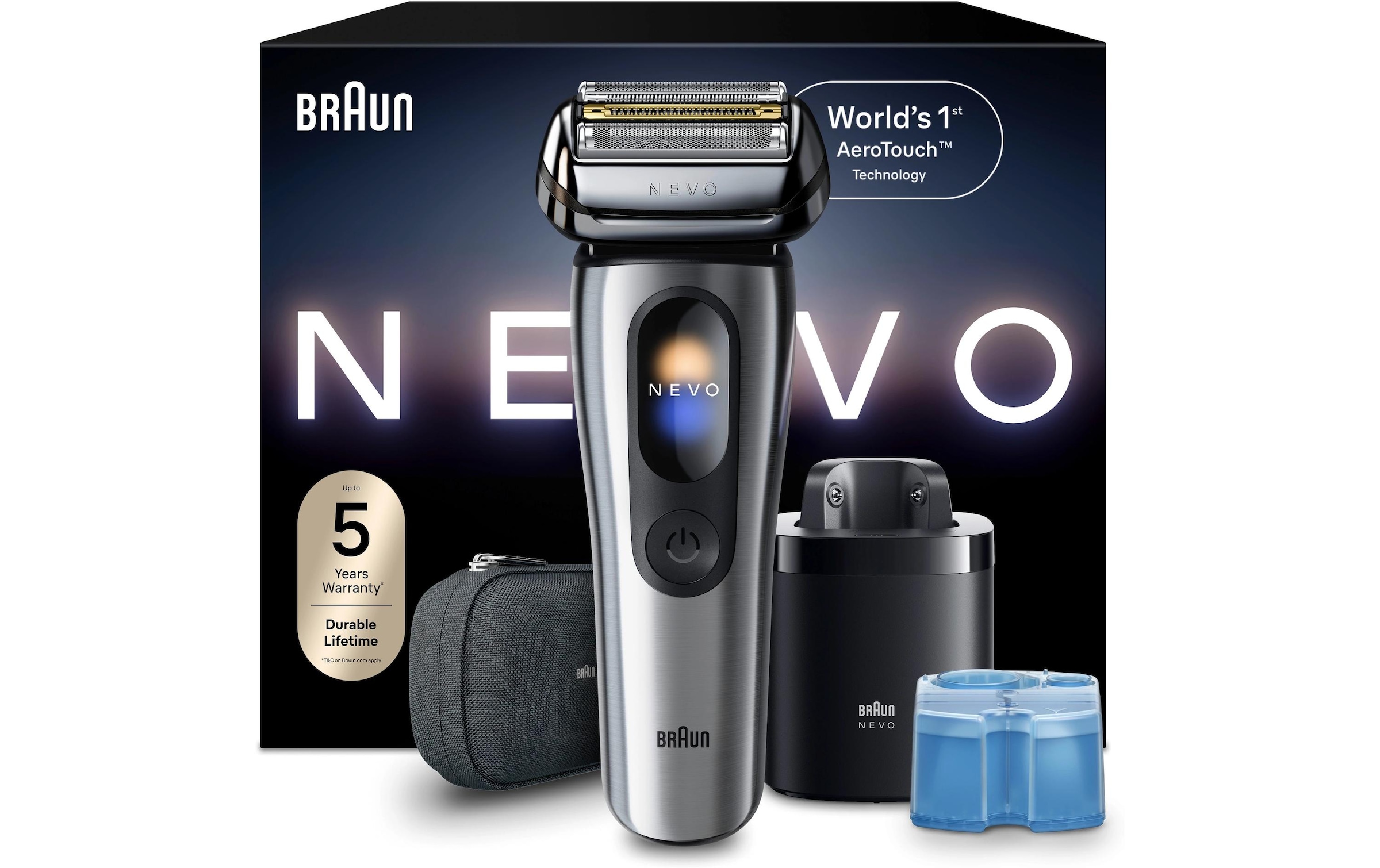 Braun »NEVO 11000cc« station de nettoyage SmartClean Plus Tondeuse de précision intégrée AeroTouch, écran intelligent, système de soin 7-en-1, étui de voyage, argent