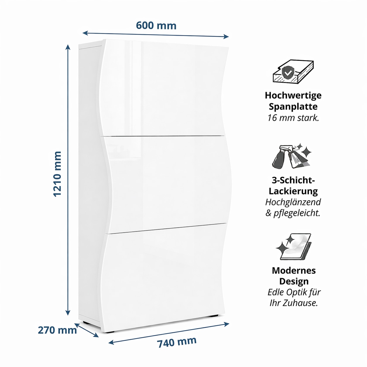 GOODproduct Armoire à chaussures »Luxor 3, Schuhklapper, Schuhkommode, Höhe 121 cm« UV-lackiert, Hochglanz, grifflos, 3-Klappen