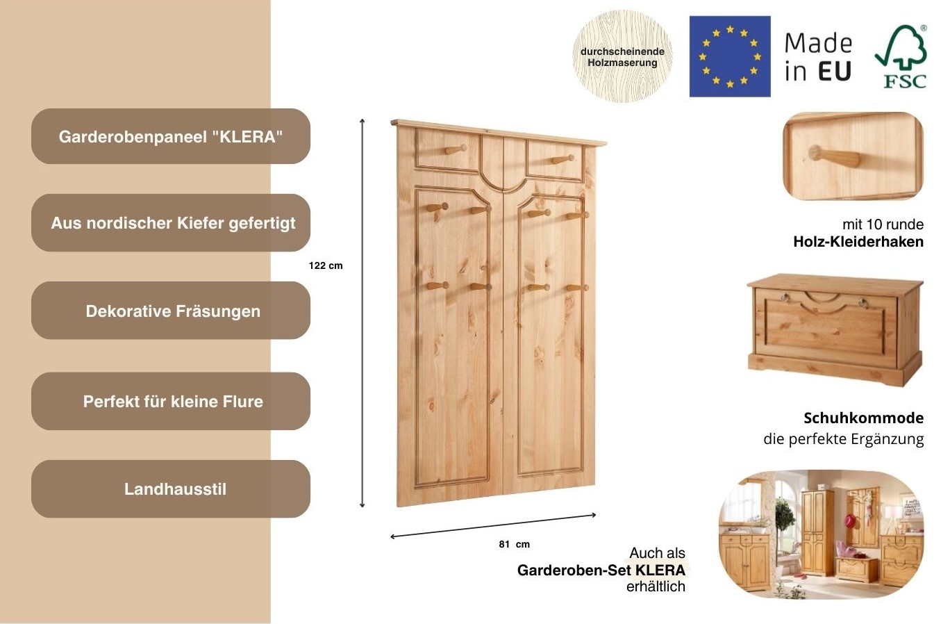 Home affaire Panneau de vestiaire »Klera« Mit 10 Kleiderhaken, aus massiver Kiefer