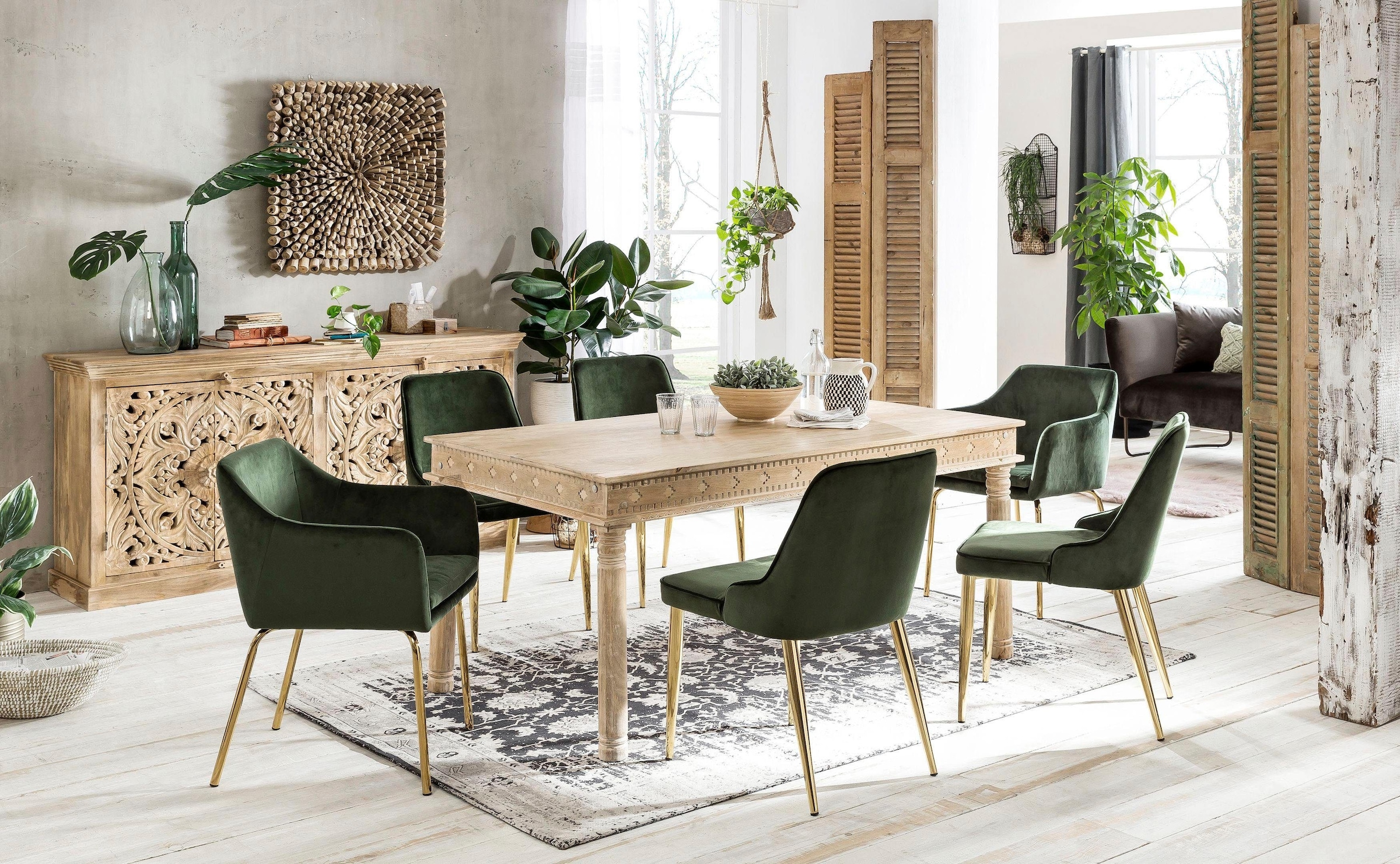 SIT Table de salle à manger »Kas aus Mangoholz mit aufwändigen Schnitzereien und 4 Beinen« Table à manger massive de style oriental avec ceinture décorative