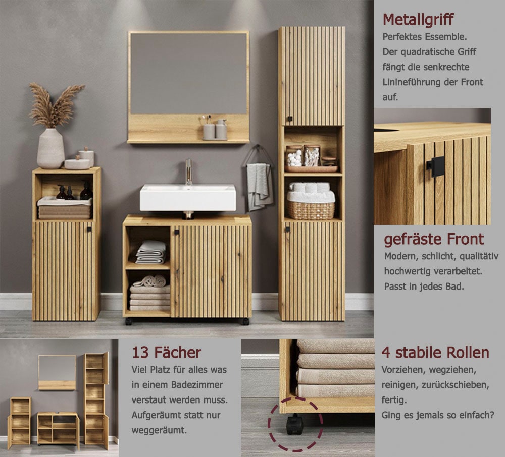 welltime Ensemble de meubles de salle de bain »Amrum Waschbeckenunterschrank Spiegel Hochschrank Badschrank« Ensemble complet, 4 cuis tlg.