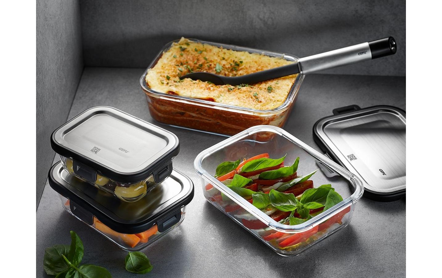 GEFU Boîte de conservation des aliments frais »MILO« Set, 3 Frischhaltegläser, 3 Deckel, 6 tlg. rechteckig, platzsparend, auslaufsicher