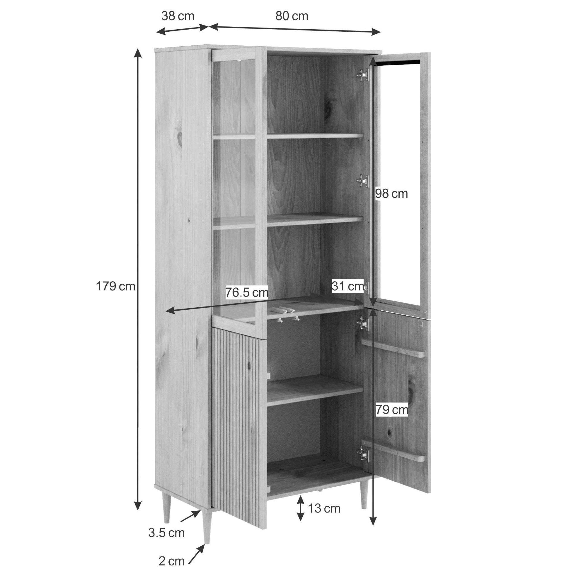 GOODproduct Vitrine »Malmedy Front mit gefrästen Rillen« aus massivem Kiefernholz, Push-to-open, FSC, Breite 80 cm, Höhe 180 cm