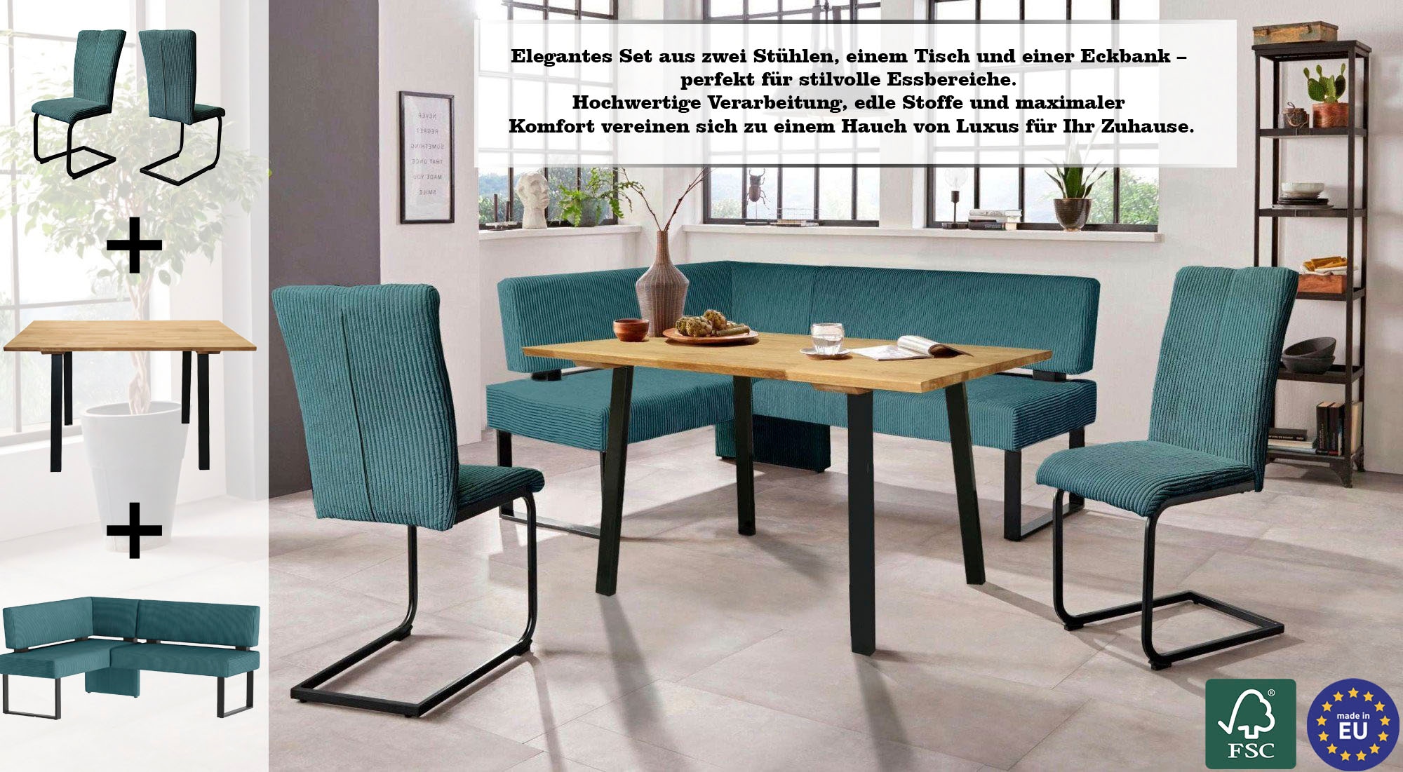 GOODproduct Ensemble de bancs d'angle »Oliver« Ensemble, 4 pièces, 4 cuis tlg. banquette d'angle avec suspension ondulée sous l'assise, table en chêne massif
