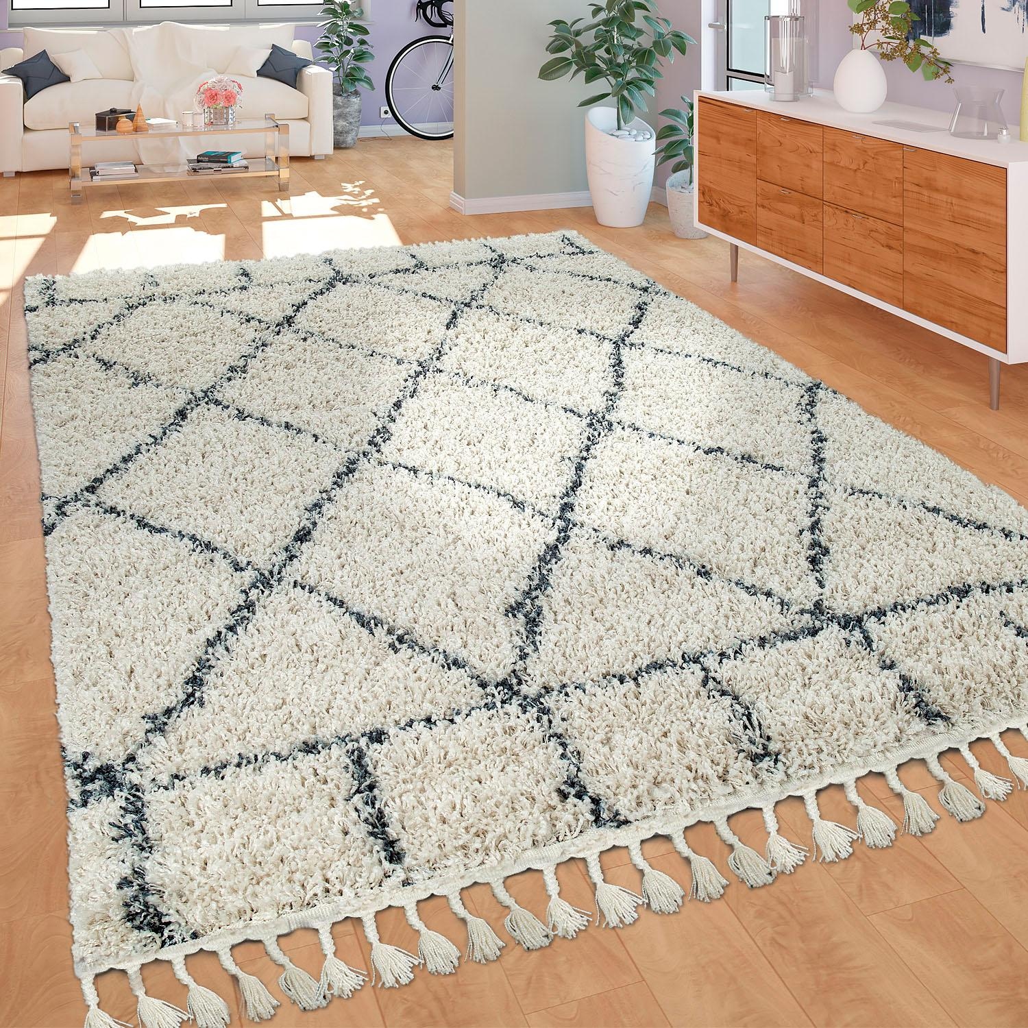 Paco Home Tapis à poils longs »Nador 755« Rectangulaire 54 mm Höhe weicher Shaggy mit Rauten Design und Fransen