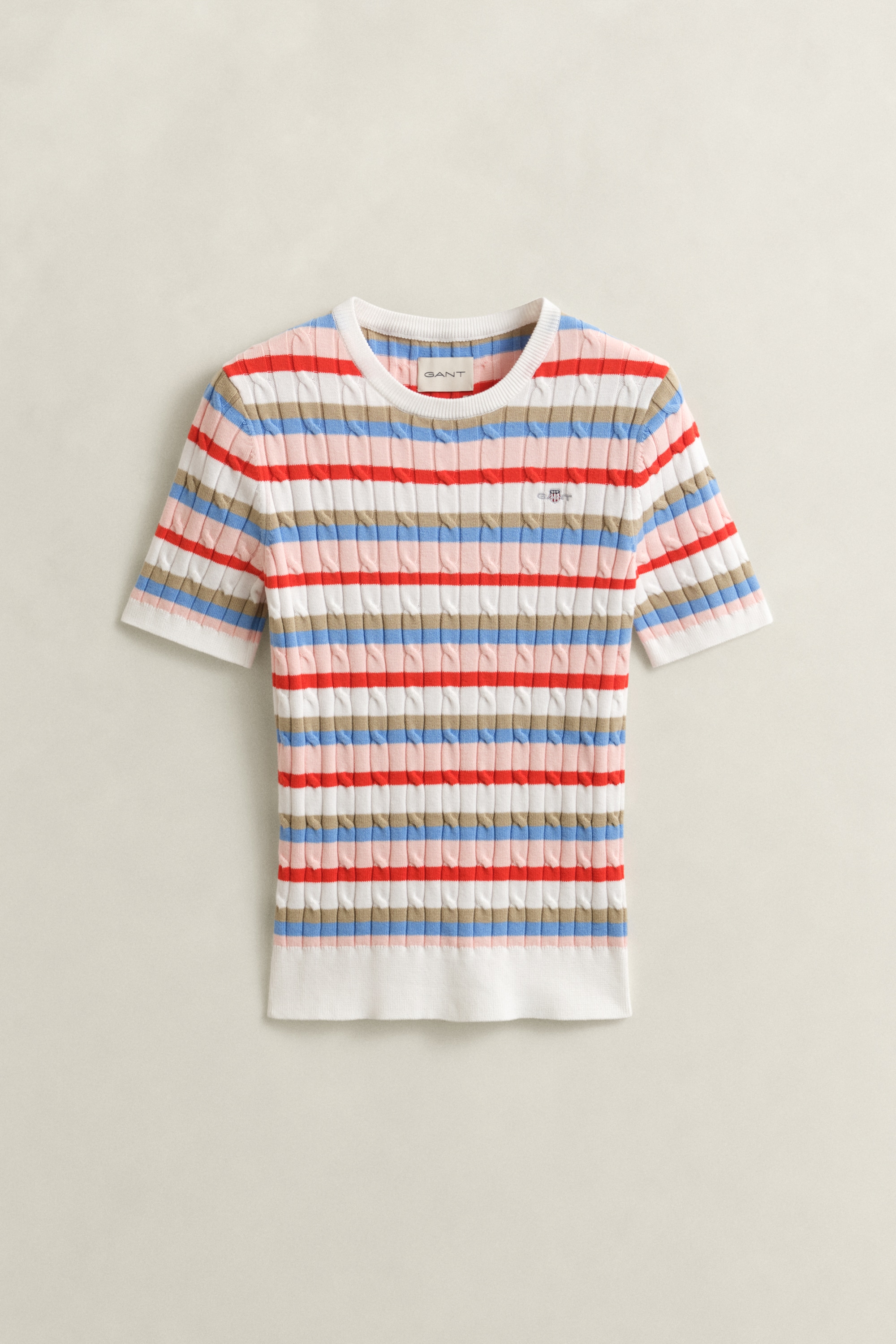 Gant Pull à manches courtes »STRETCH COTTON CABLE STRIPE SS« Gestreifter Zopfstrick, Rundhals, Schmale Passform