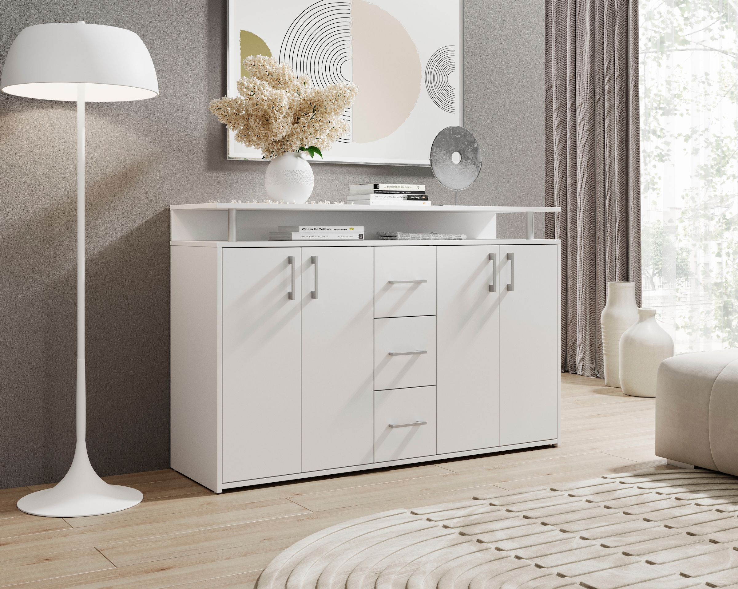 HBZ Sideboard »Drivno Sideboard, B/H/T 139x90x34 cm« Breite 139cm, Kugelauszug, Einlegeböden verstellbar,  3 Schubkästen