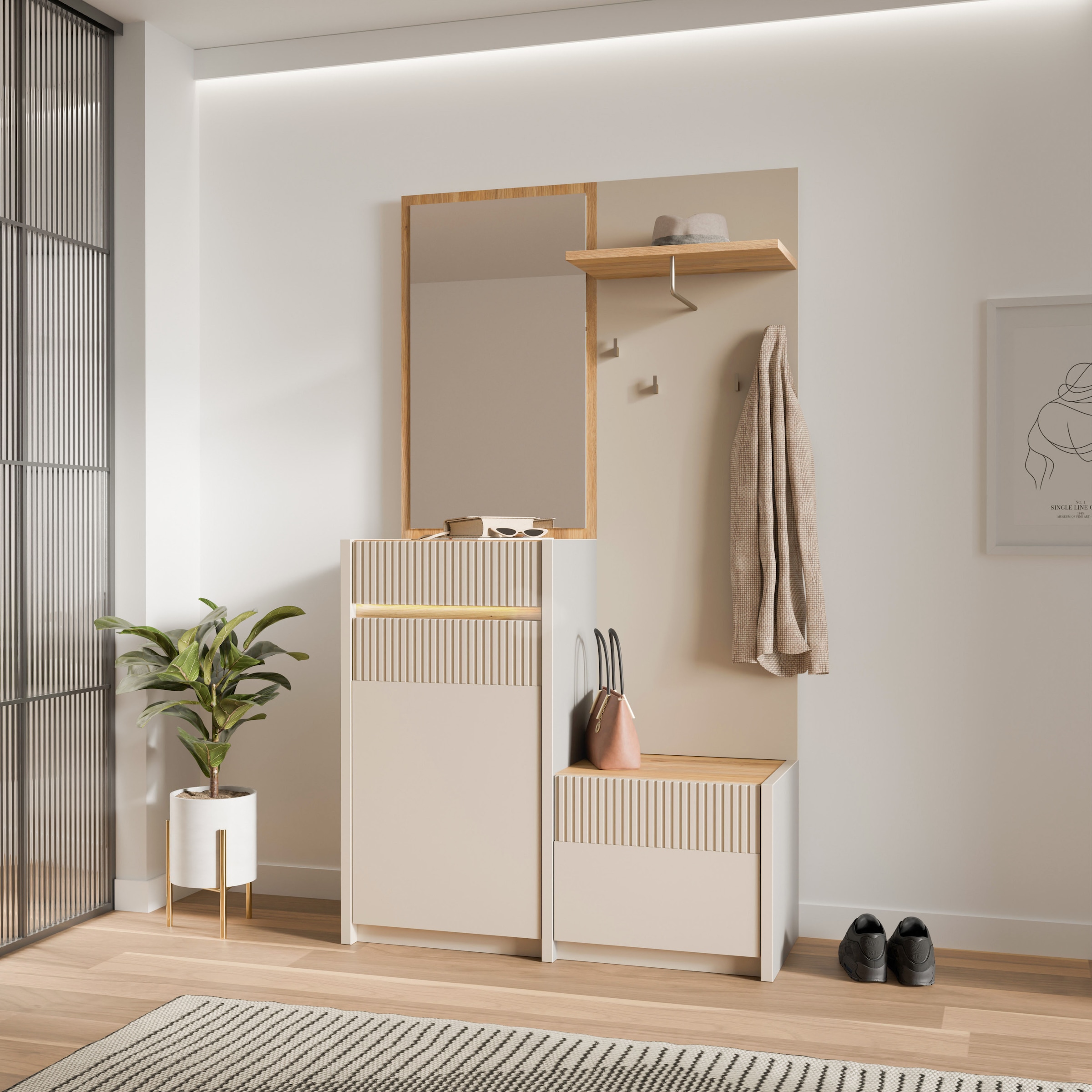 FORTE Vestiaire compact »Oak Squere Garderobe, 1 Türe, 1SK, 1 Klappe« L/H/P 108,4 /195,9/41,7 cm miroir, crochet, tringle à vêtements